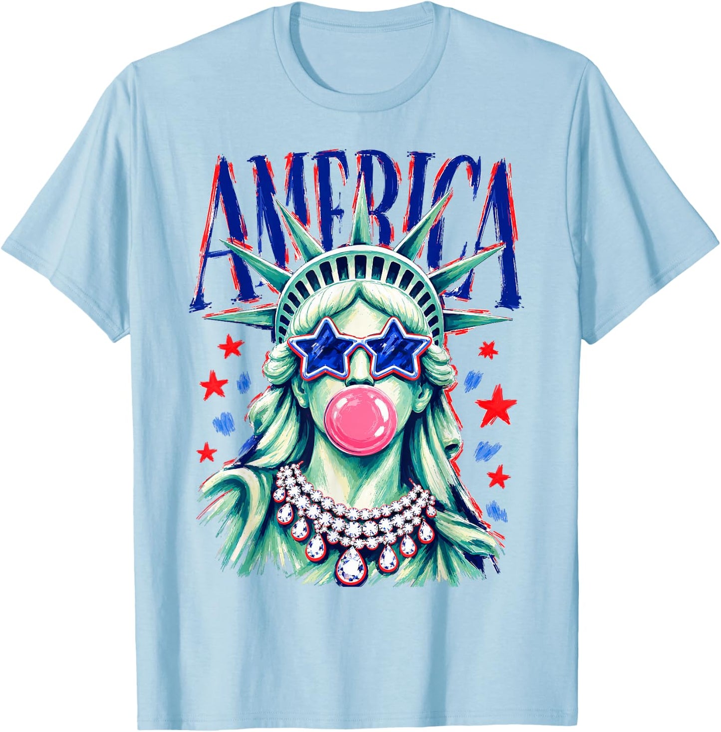 Funny Statue of Liberty Blowing Bubble USA America 4th July T-Shirt - T-Shirt | Light Blue