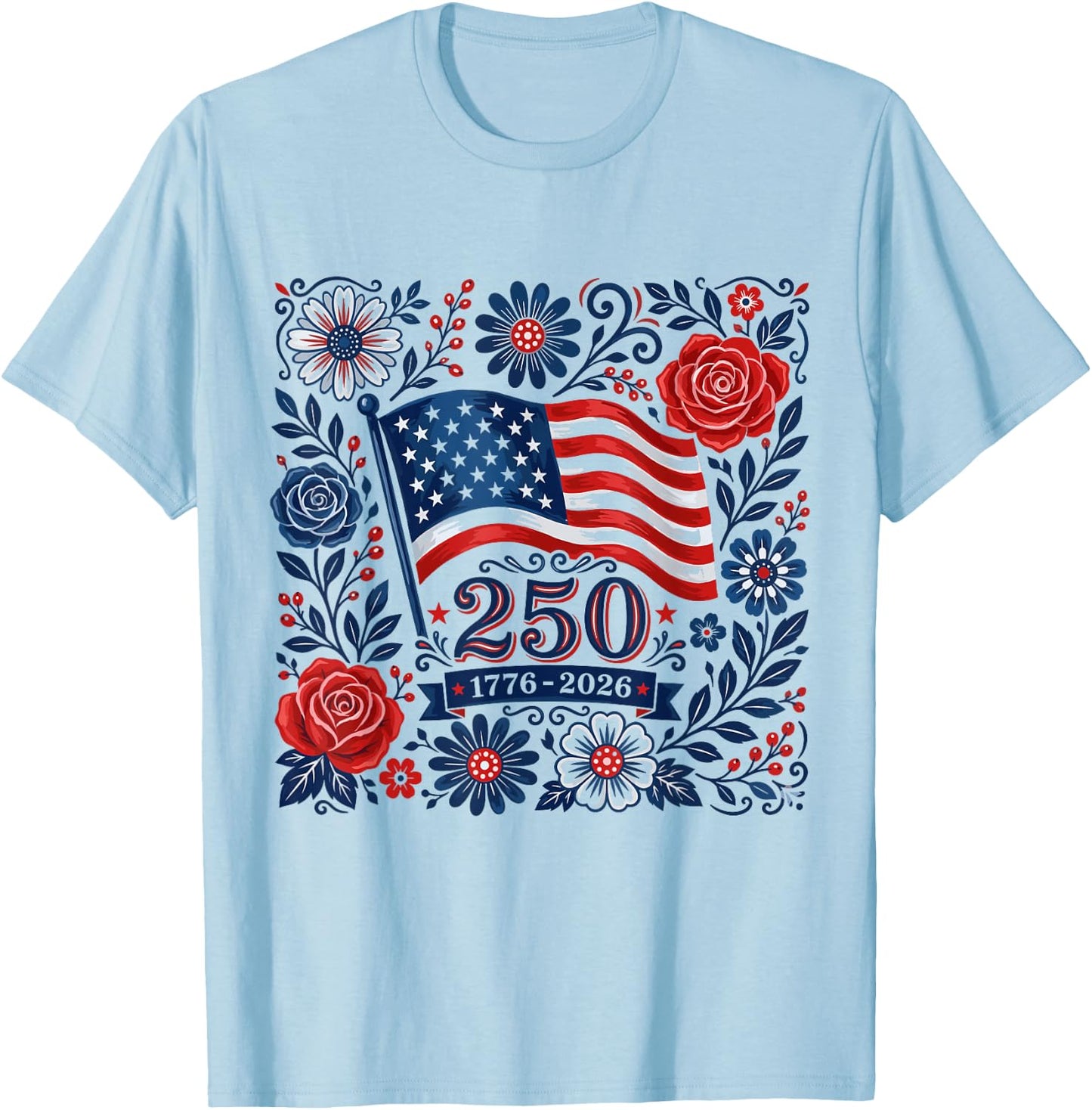 Floral 4th of July American Flag 250 Years 1776-2026 Women T-Shirt - T-Shirt | Light Blue