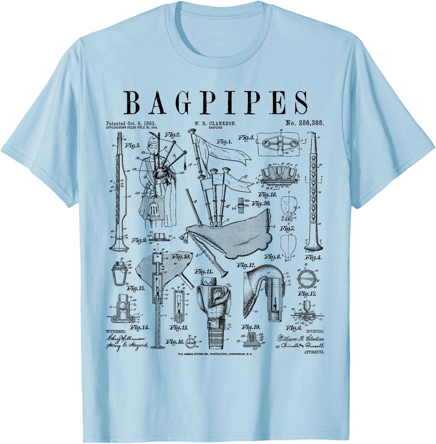 Bagpipe Bagpipe Player Vintage Patent Musician , grey, S T-Shirt - T-Shirt | Light Blue