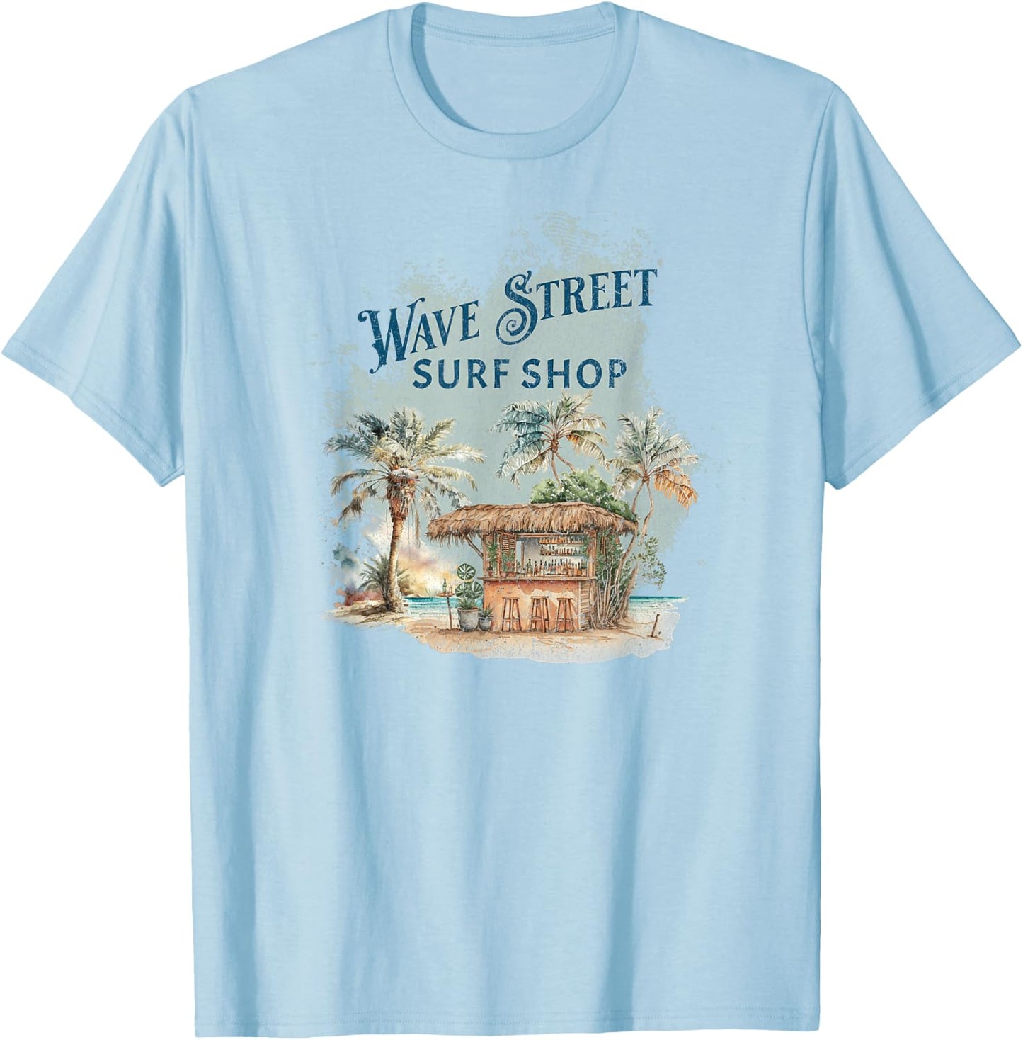 Wave Street Retro Vacation Beach Surfing Sunset Beach Hut Men Women Kids T-Shirt - T-Shirt | Light Blue