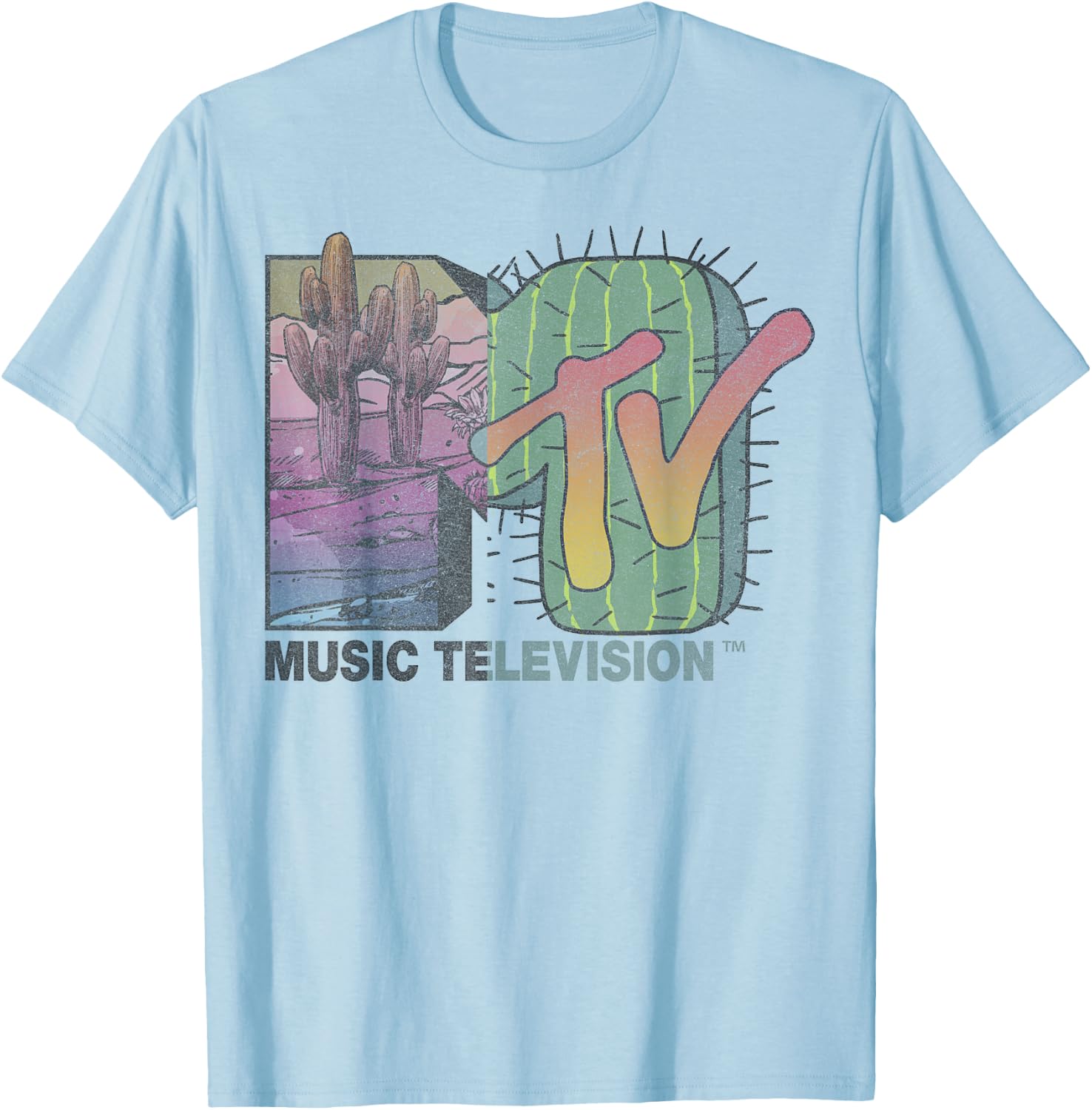 MTV Desert Cactus Split Retro Logo T-Shirt - T-Shirt | Light Blue