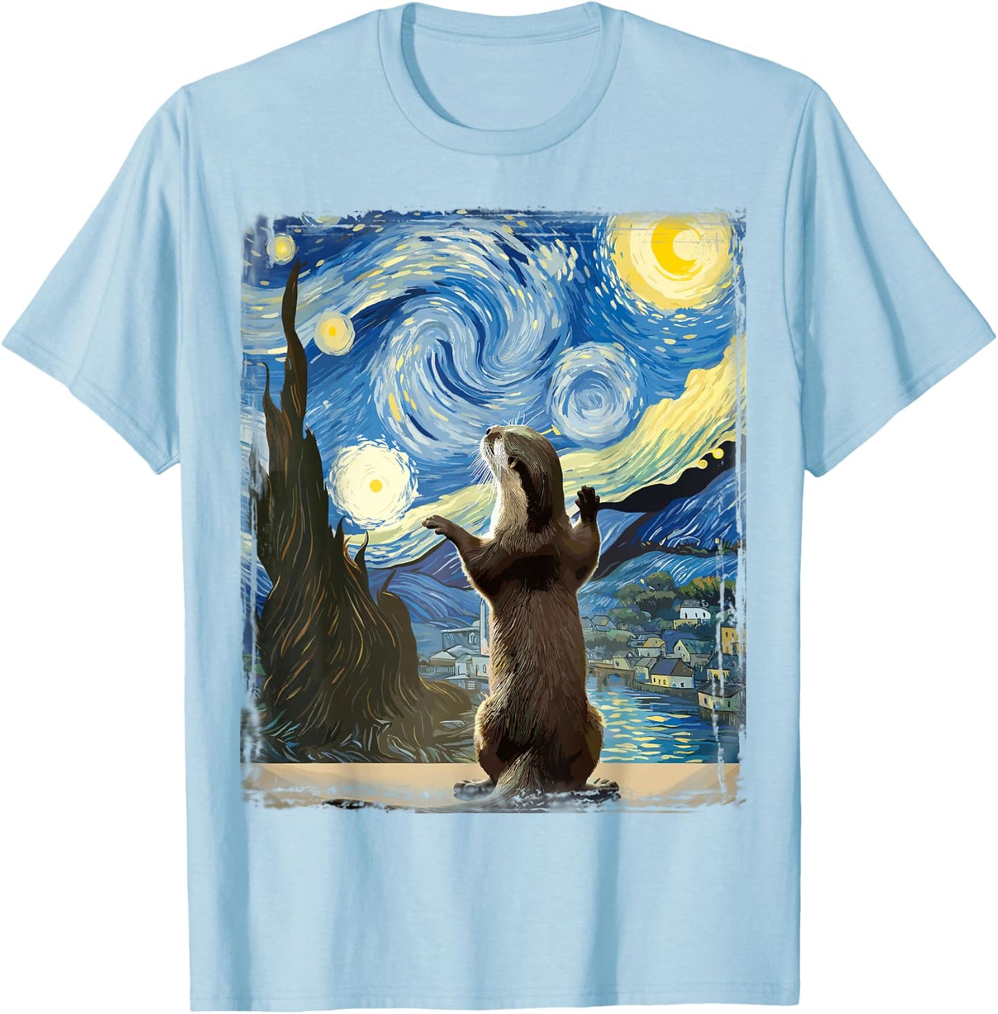 Van Gogh Style Starry Night Otter T-Shirt - T-Shirt | Light Blue