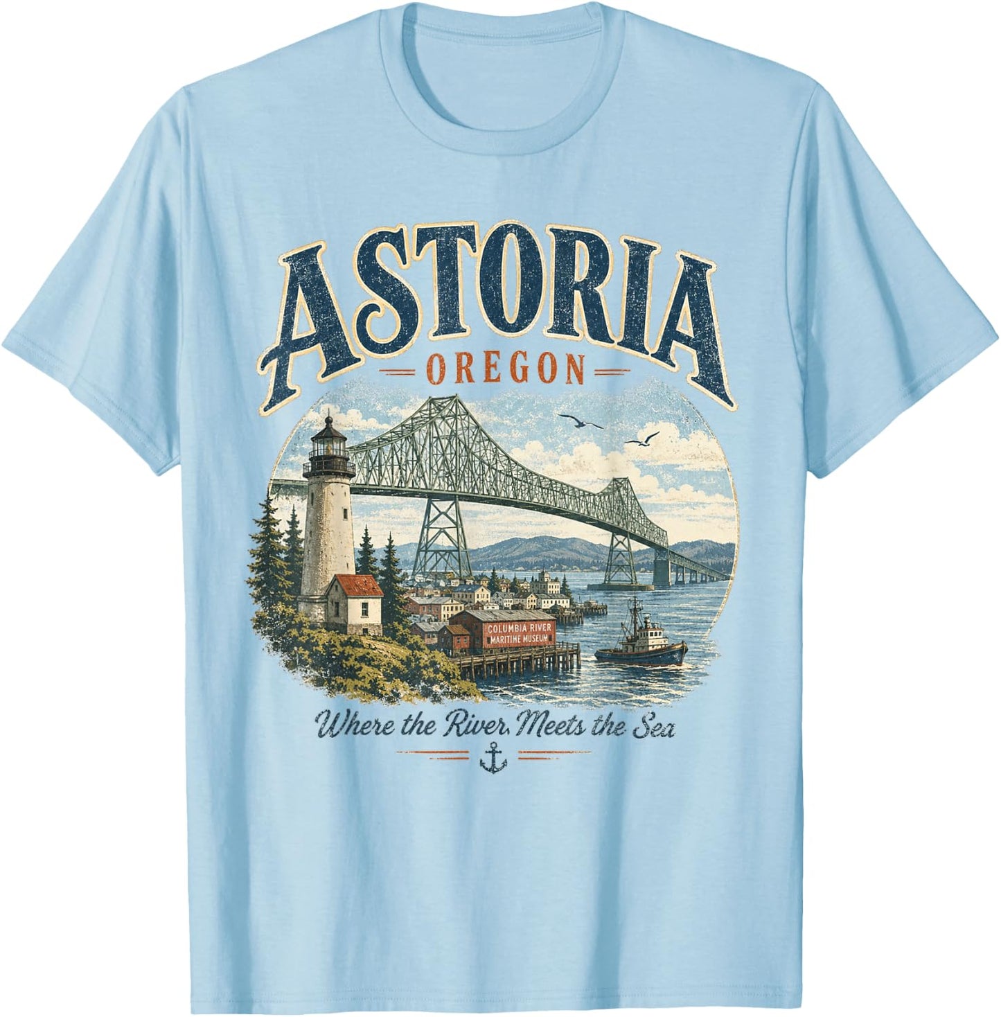 Astoria Oregon- Vintage Columbia River Lighthouse & Bridge T-Shirt - T-Shirt | Light Blue