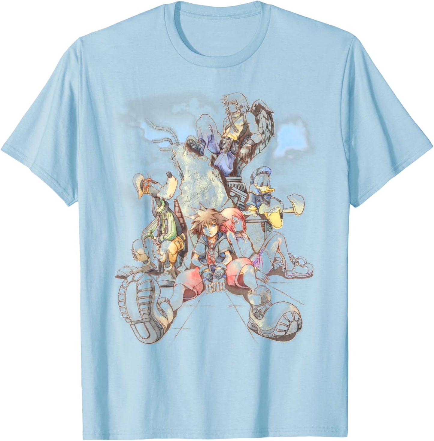 Disney Kingdom Hearts Group Shot Deep Dive Sketch T-Shirt - T-Shirt | Light Blue
