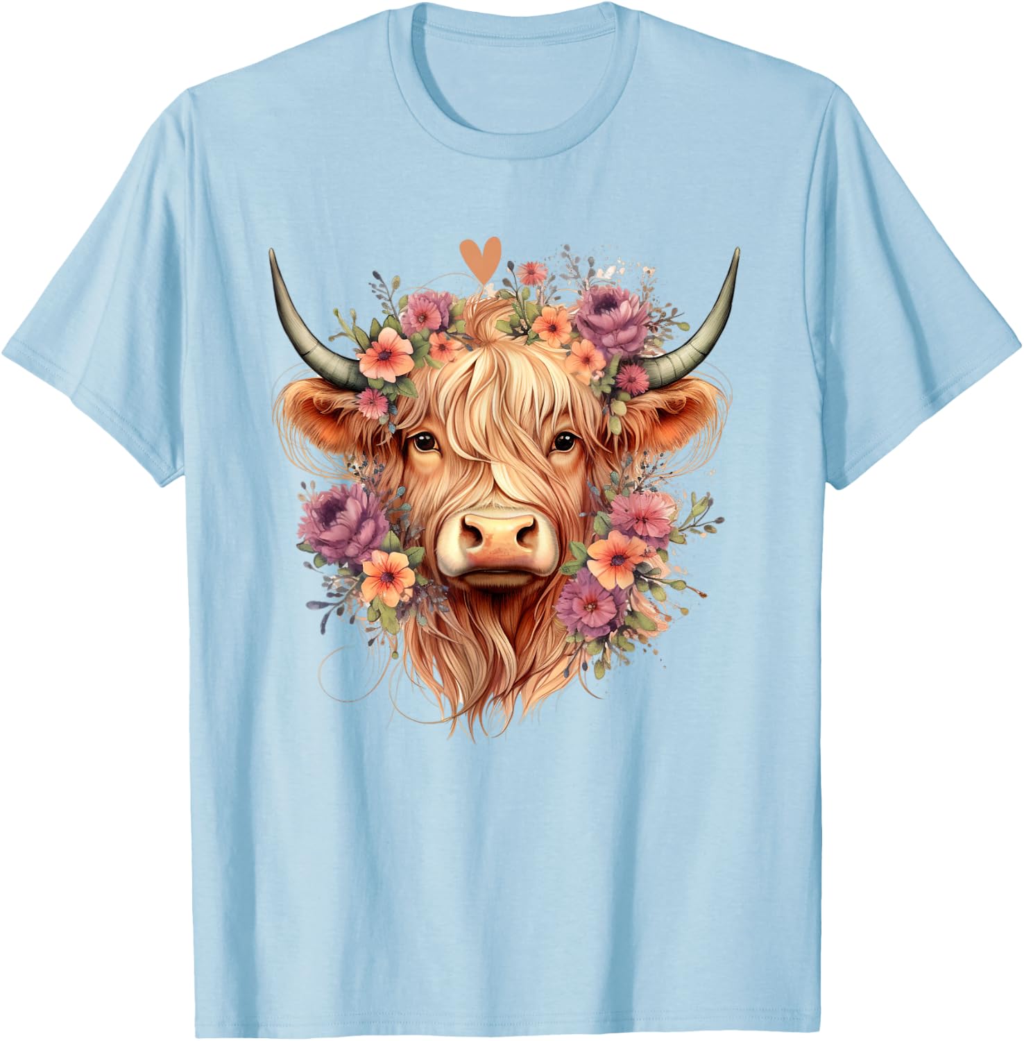 Floral Western Highland Cow Mother's Day Cow Lover Funny , White T-Shirt - T-Shirt | Light Blue