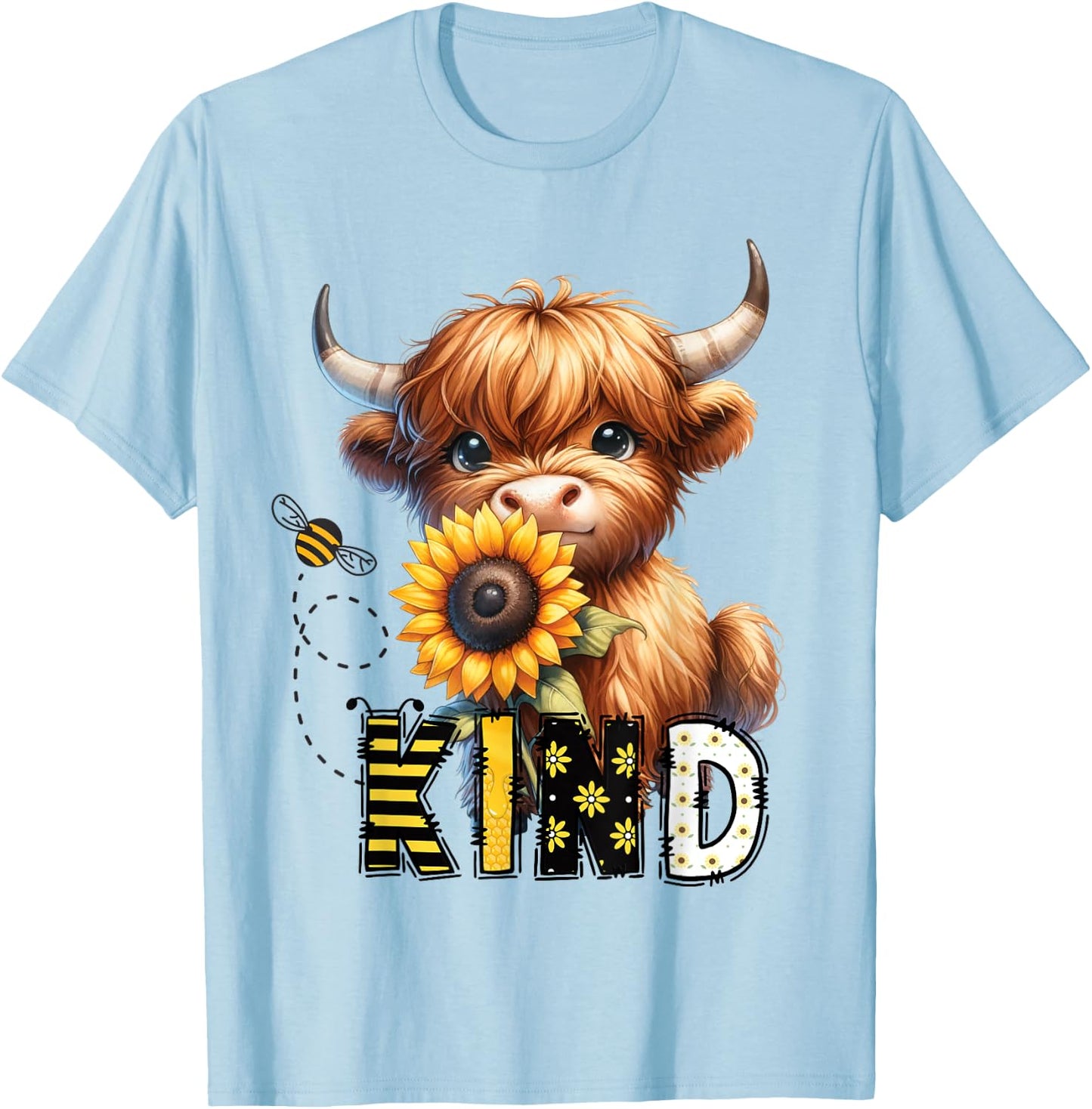 Be Kind Adorable Highland Cow Sunflower Affirmation Kindness , white, S T-Shirt - T-Shirt | Light Blue