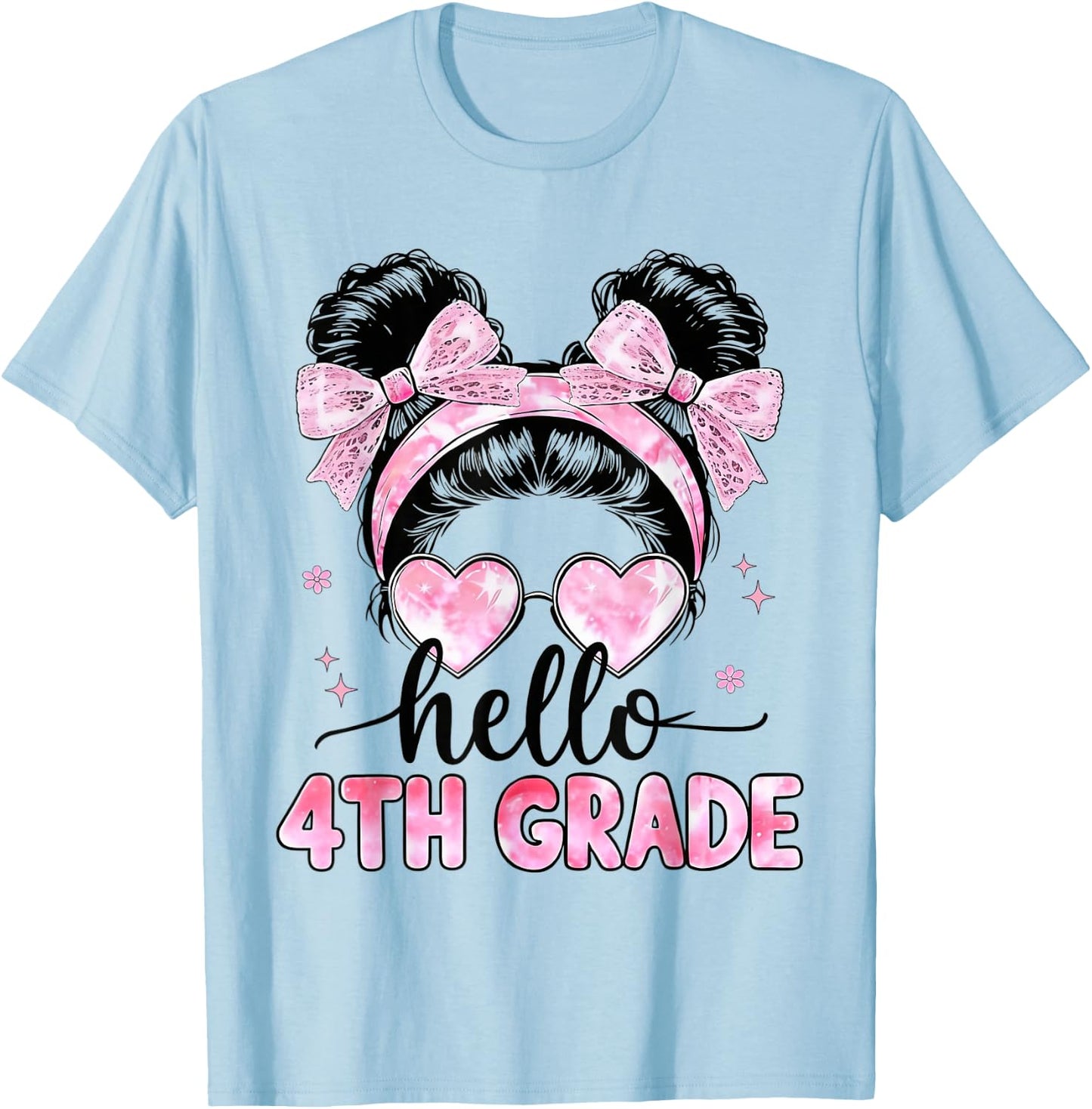 Hello 4th Grade Messy Bun Coquette Back to School Girls T-Shirt - T-Shirt | Light Blue