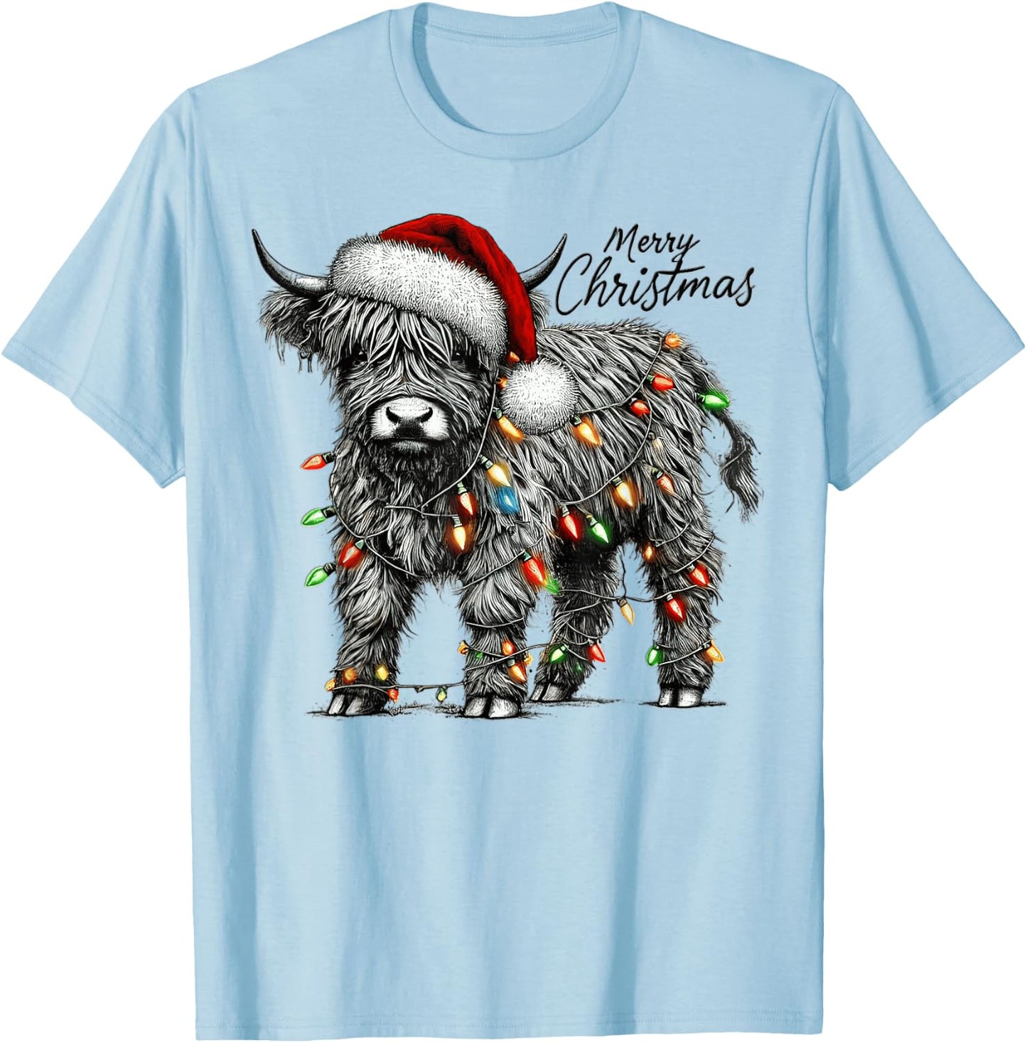 Mooey Christmas Western Highland Cow Santa T-Shirt - T-Shirt | Light Blue