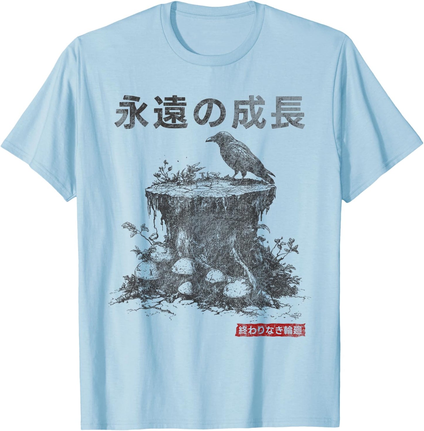 Japanese Retro Graphic Gothic Raven and Fungi Mushroom T-Shirt - T-Shirt | Light Blue