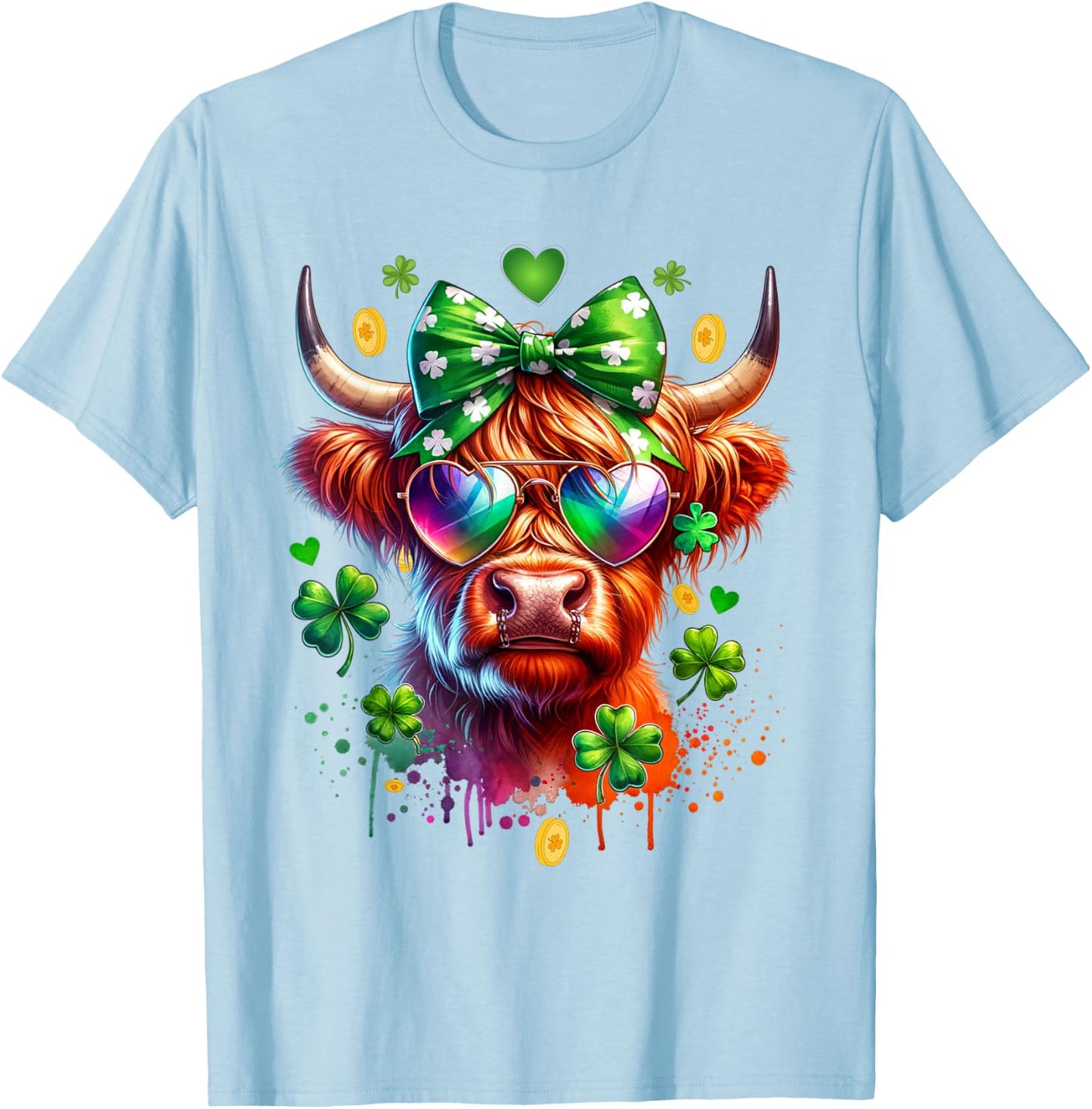 Cute Highland Cow With Sunglasses St Patricks Day Funny T-Shirt - T-Shirt | Light Blue