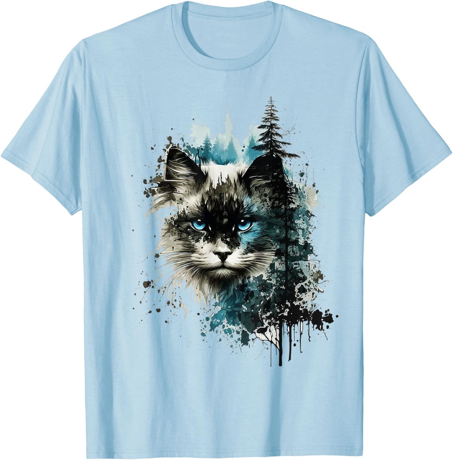 Cat Blue Eyes Cat Art Forest Animal Cat T-Shirt - T-Shirt | Light Blue