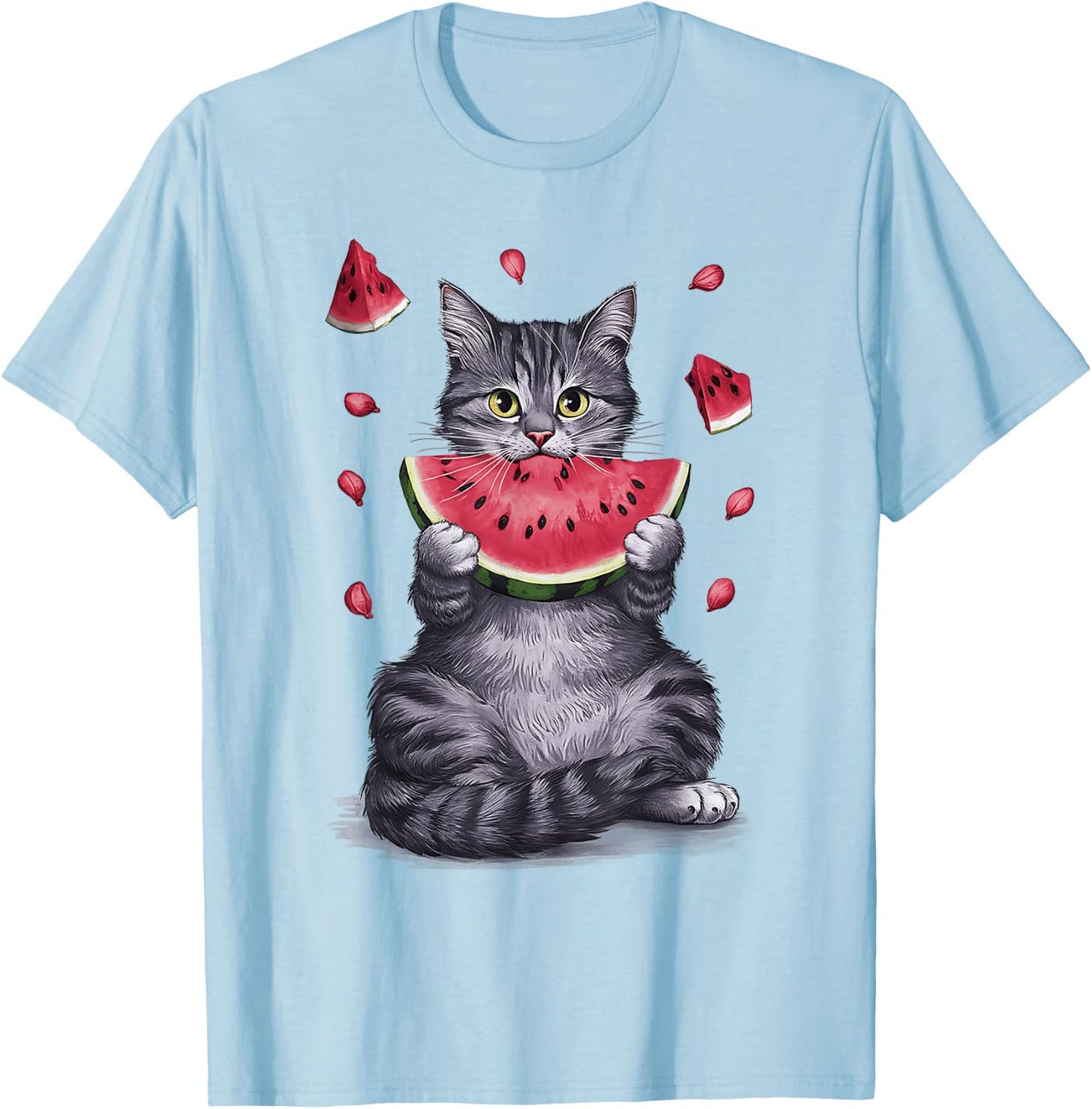Cute Cat Eating Watermelon Fruit Summer Men Women Girls T-Shirt - T-Shirt | Light Blue