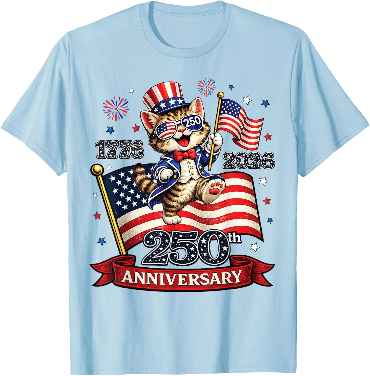 250 Anniversary USA Patriotic Cat 4th of July 2026 T-Shirt - T-Shirt | Light Blue