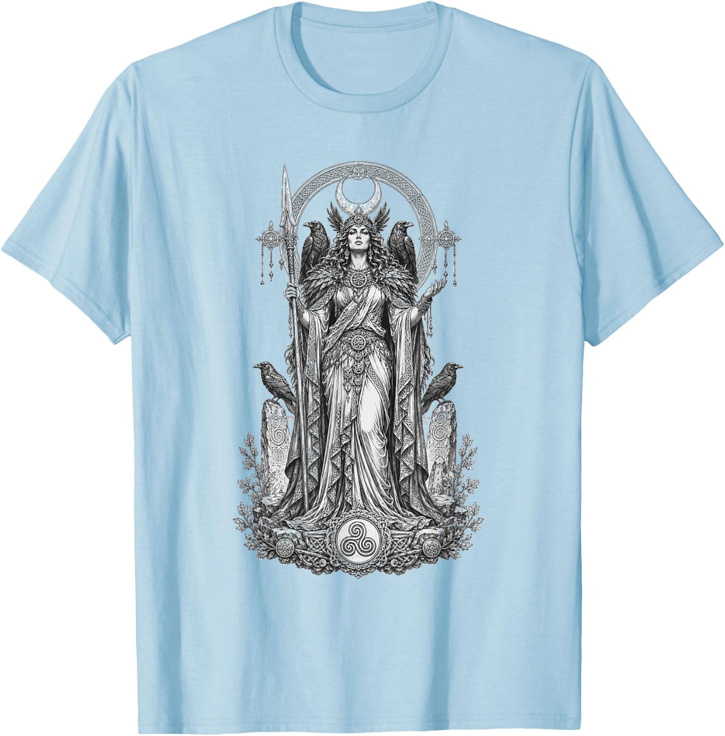 Morrigan Celtic Raven Goddess Sacred Warrior Line Art T-Shirt - T-Shirt | Light Blue