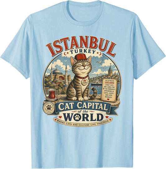 Istanbul, Turkey - Cat Capital - Vintage Logo Graphic T-Shirt - T-Shirt | Light Blue