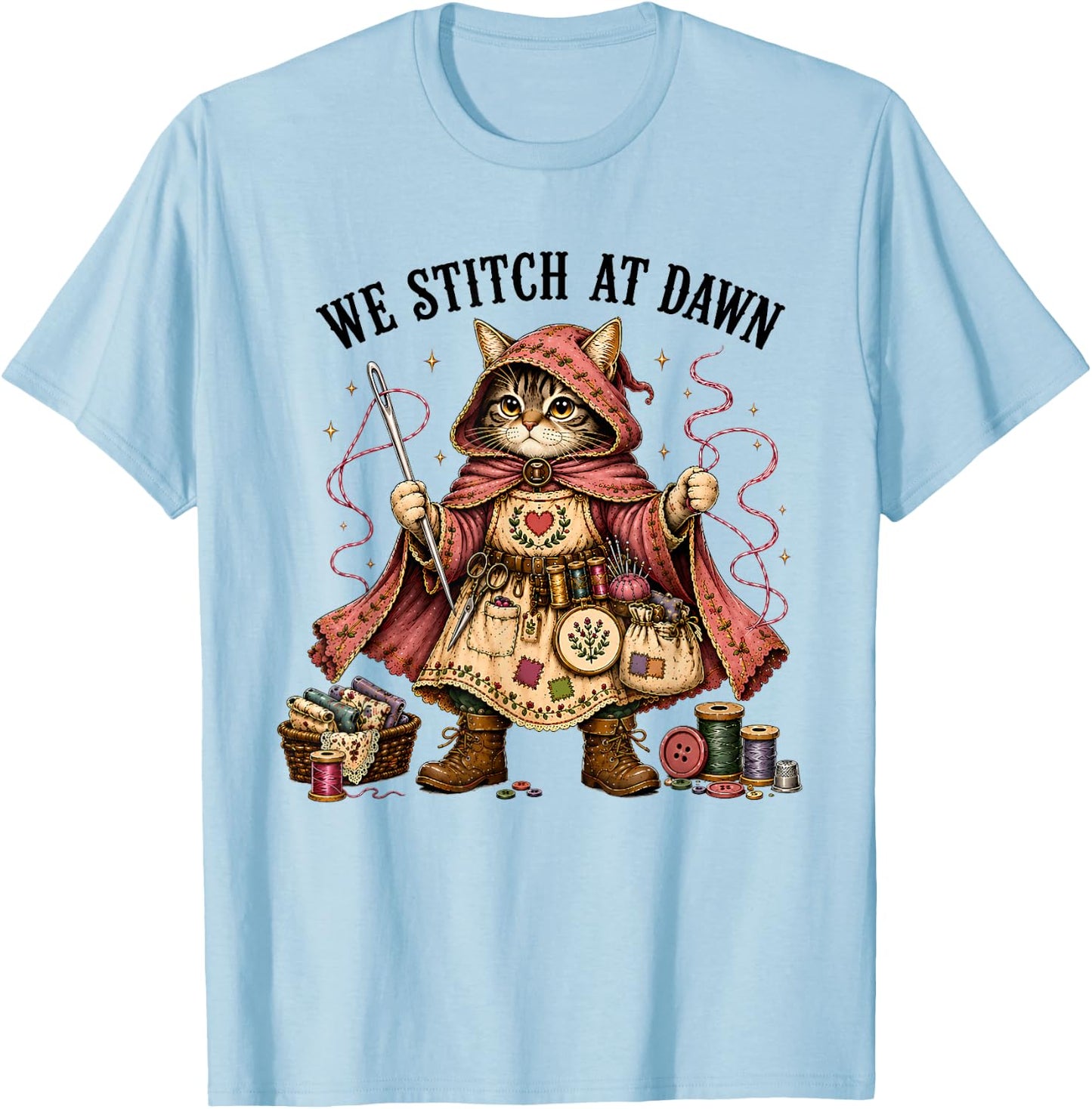 We Stitch At Dawn Funny Sewing Quilting Cat T-Shirt - T-Shirt | Light Blue