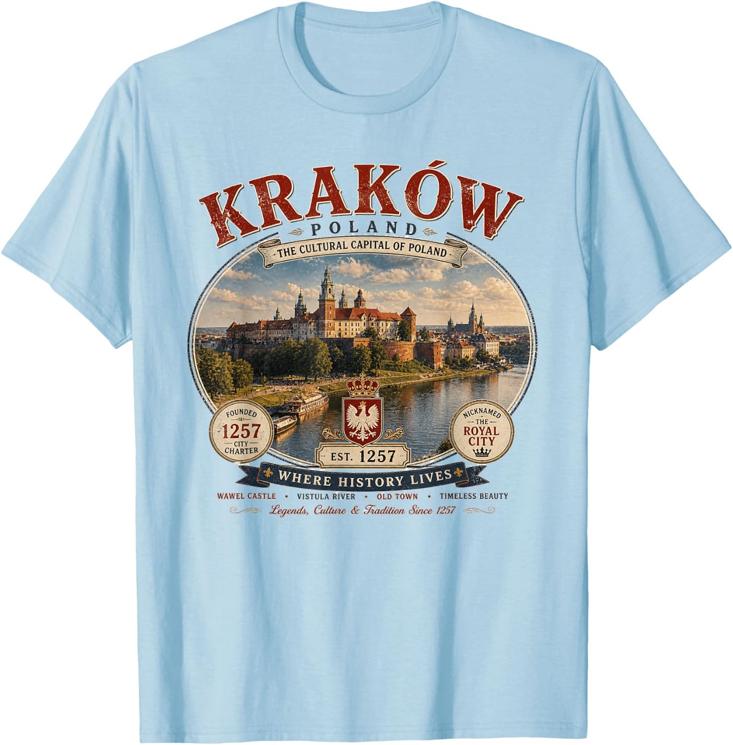 Krakow Poland Since 1257 Vintage Logo T-Shirt - T-Shirt | Light Blue