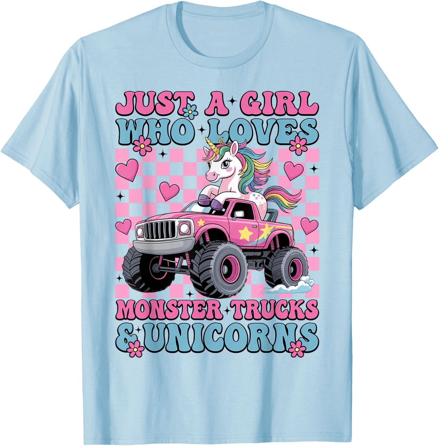 Just a Girl Who Loves Monster Trucks and Unicorns Girls T-Shirt - T-Shirt | Light Blue