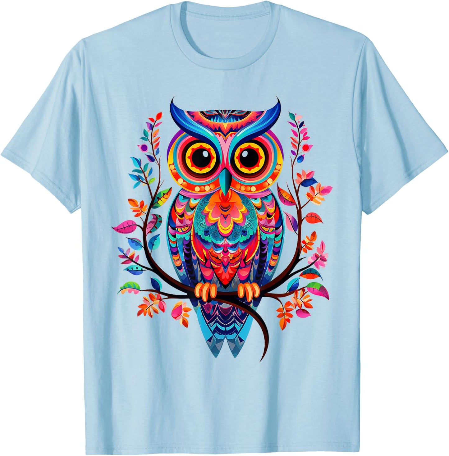 Owl Animal Nature Pattern Colorful Illustration Abstract Owl , white, S T-Shirt - T-Shirt | Light Blue