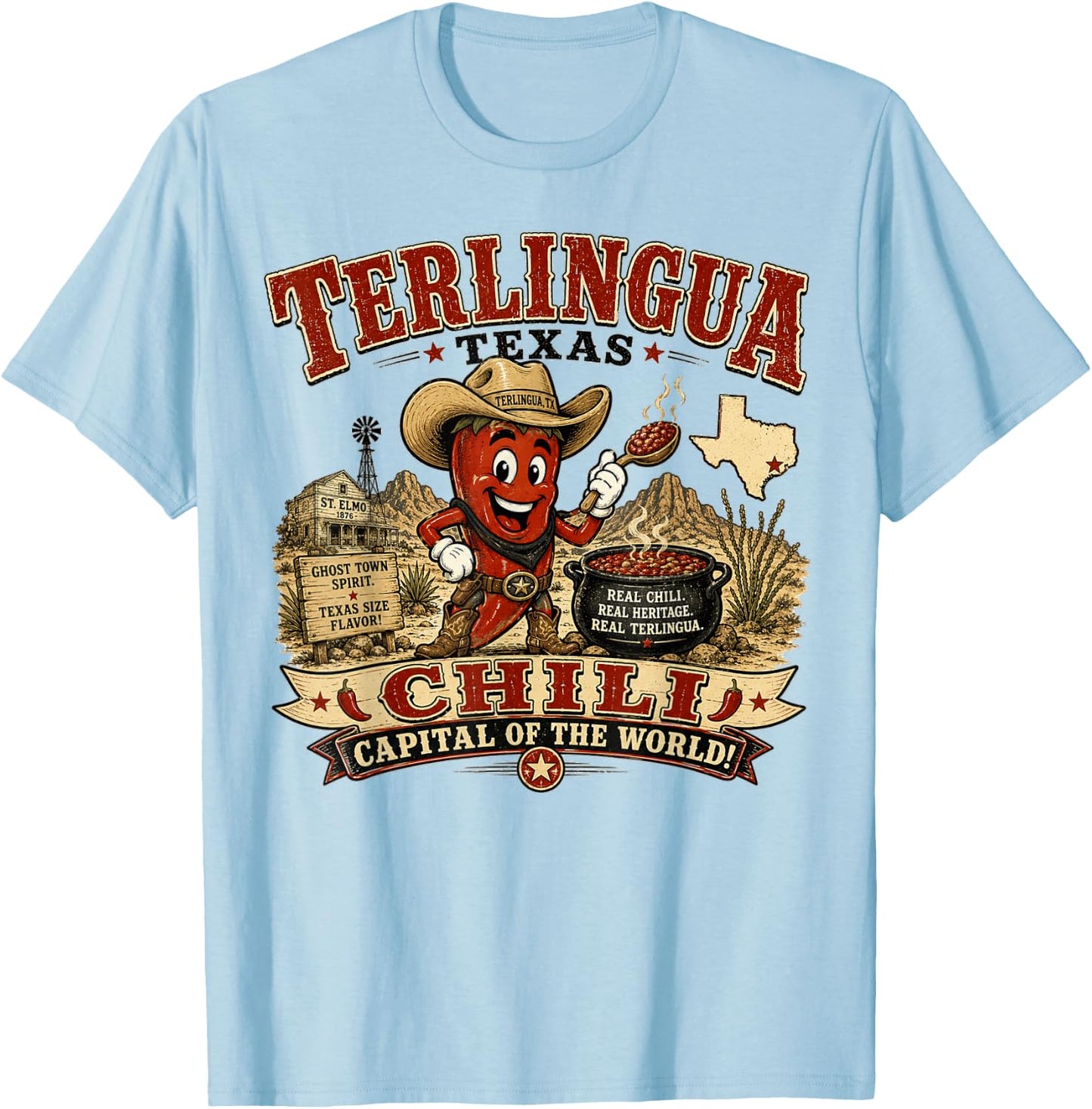 Terlingua Texas Chili Capital - Vintage Chili Pepper Mascot T-Shirt - T-Shirt | Light Blue