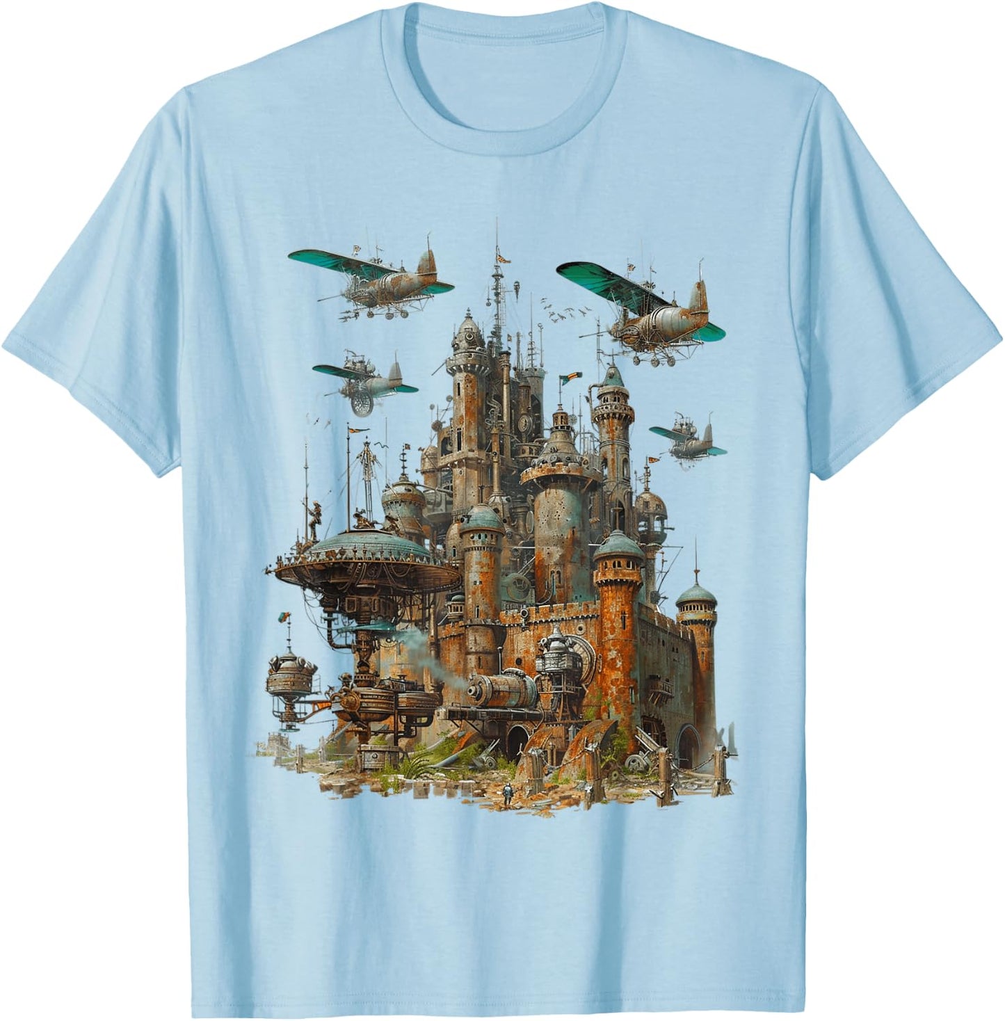 Steampunk Castle With Planes Vintage , white, S T-Shirt - T-Shirt | Light Blue