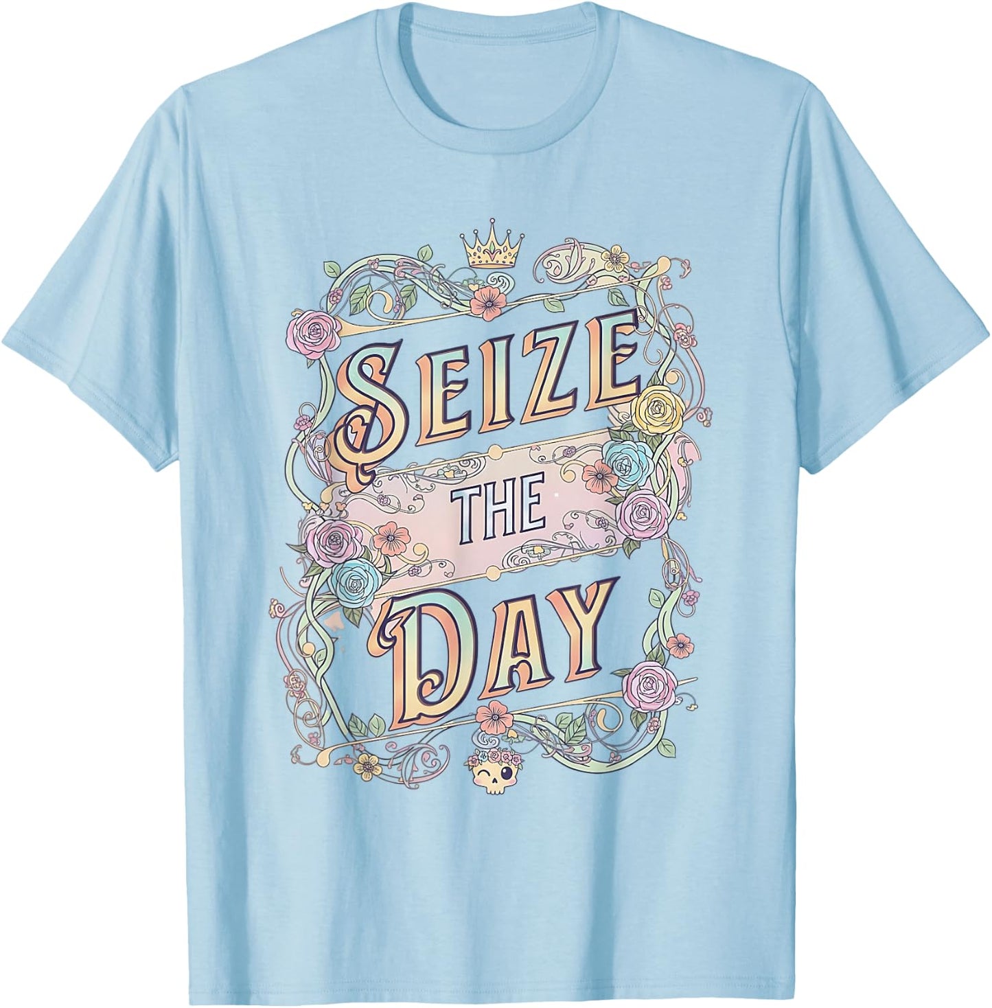 Seize the Day Motivational Quote Vintage Typography Design T-Shirt - T-Shirt | Light Blue
