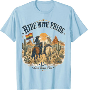 Funny Ride with Pride Lesbian Pride Western LGBTQ Cowgirl T-Shirt - T-Shirt | Light Blue