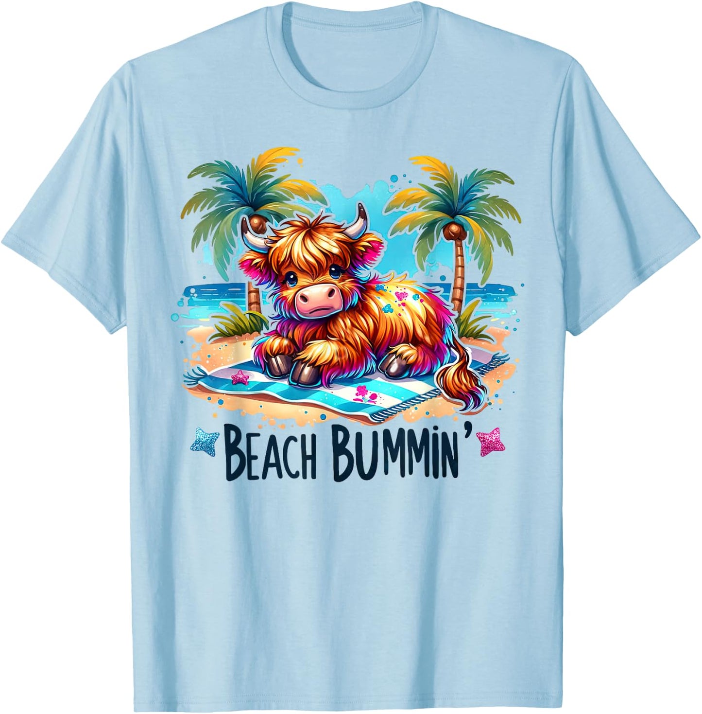 Funny Summer Heifer Cow Beach Bumming Highland Cow T-Shirt - T-Shirt | Light Blue