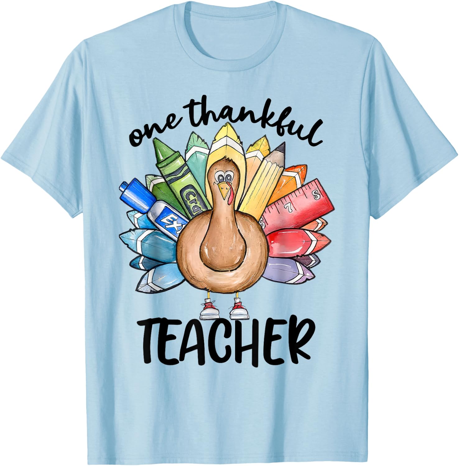 One Thankful Teacher Turkey Pencil Thanksgiving Teachers T-Shirt - T-Shirt | Light Blue