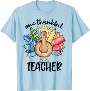 One Thankful Teacher Turkey Pencil Thanksgiving Teachers T-Shirt - T-Shirt | Light Blue