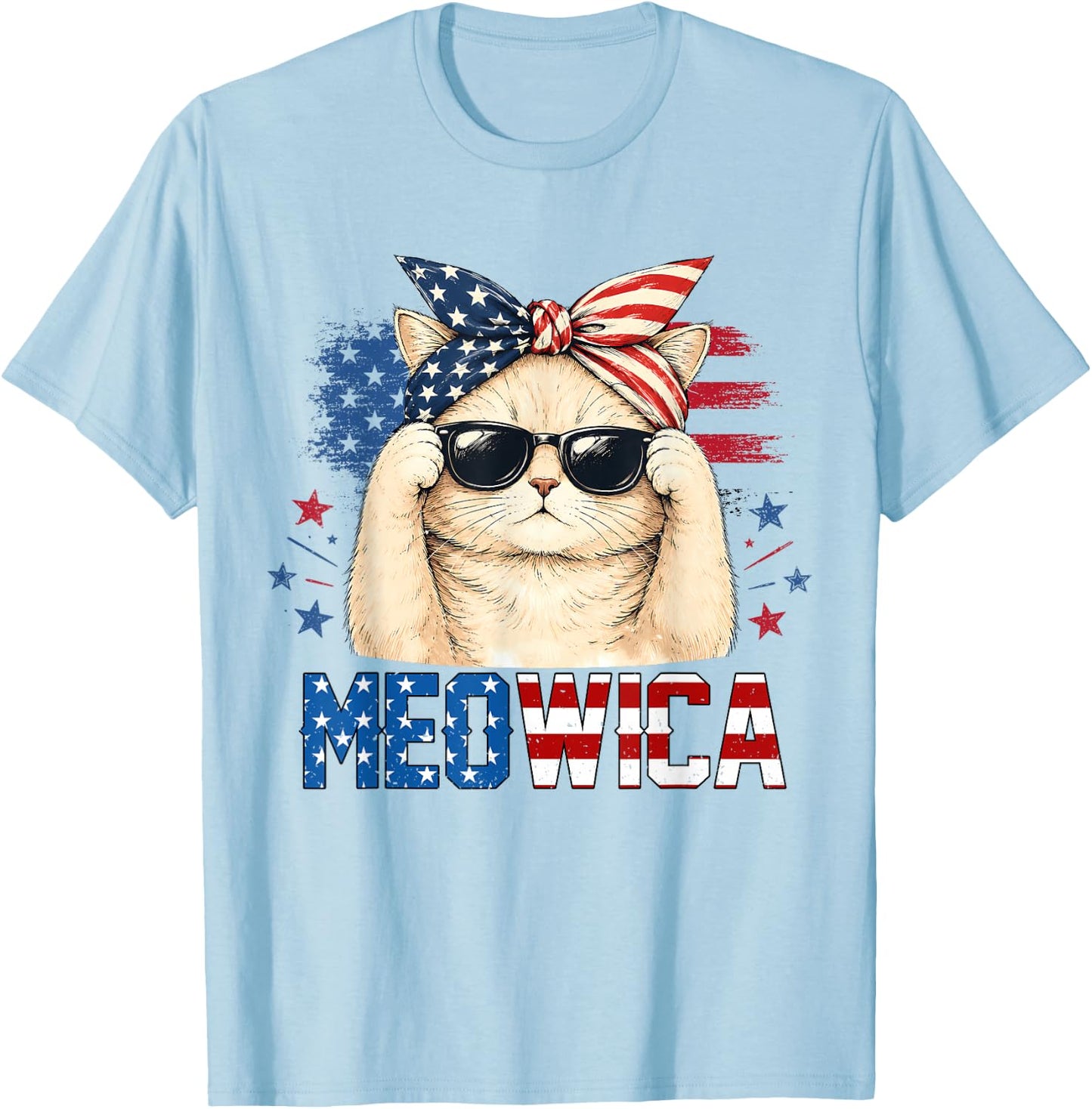 Meowica 4th of July Patriotic Cat American Flag Women Girls T-Shirt - T-Shirt | Light Blue