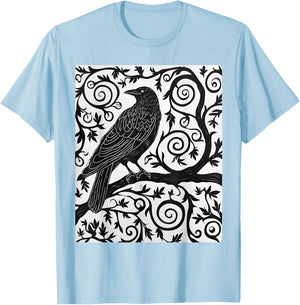 Crow in Linocut Raven Viking Crows Norse Mythology T-Shirt - T-Shirt | Light Blue