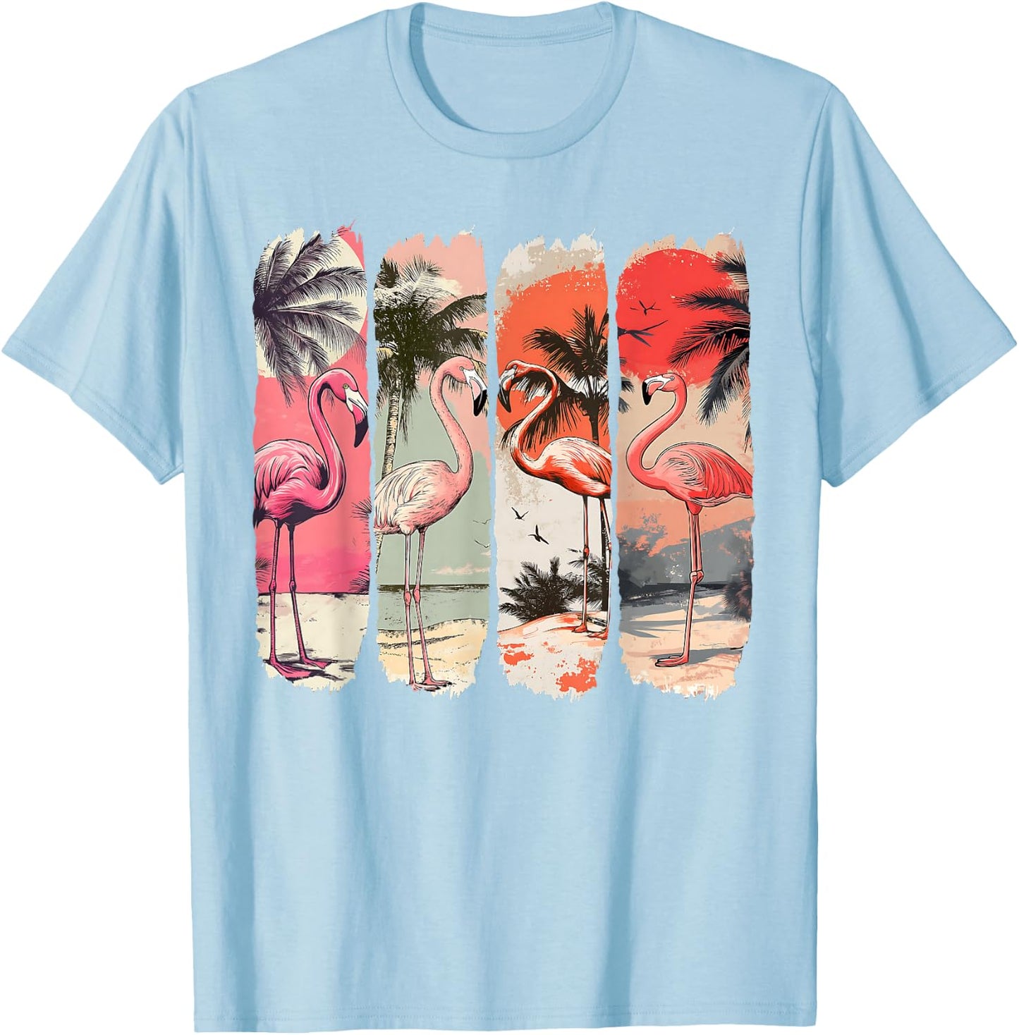 Vintage Pink Flamingo Beach Summer Palm Tree Tropical Summer T-Shirt - T-Shirt | Light Blue