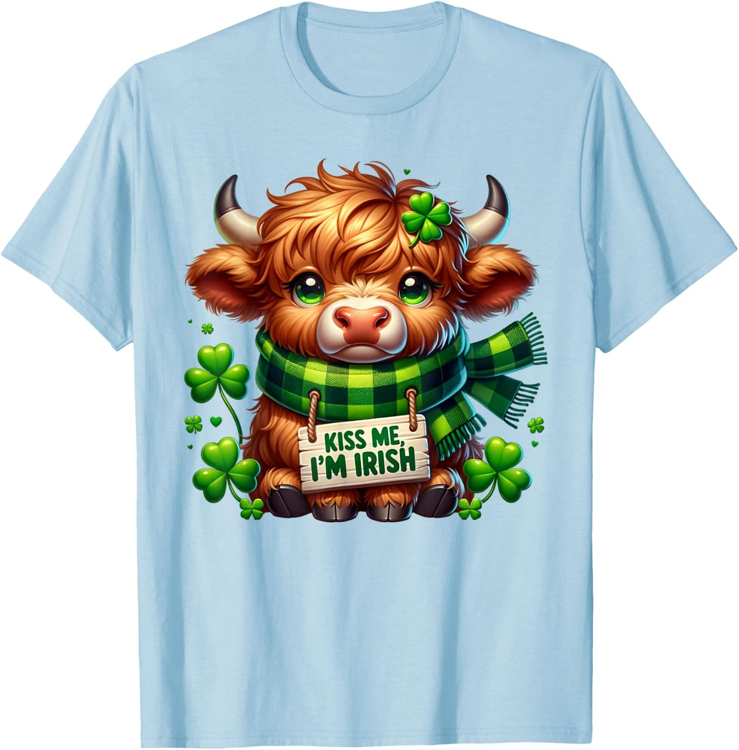 Kiss Me I'm Irish Cute Little Highland Cow Four Leaf Clovers T-Shirt - T-Shirt | Light Blue