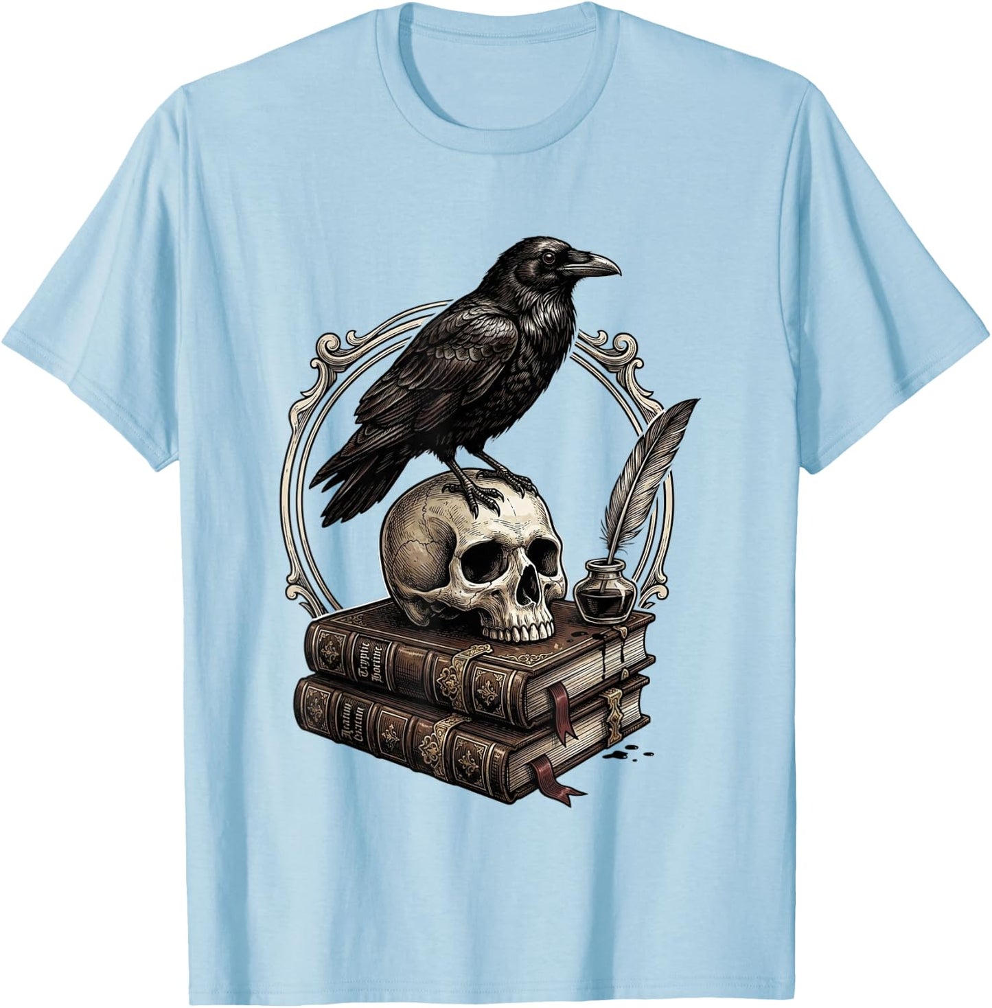 Dark Academia Raven Skull Books T-Shirt - T-Shirt | Light Blue