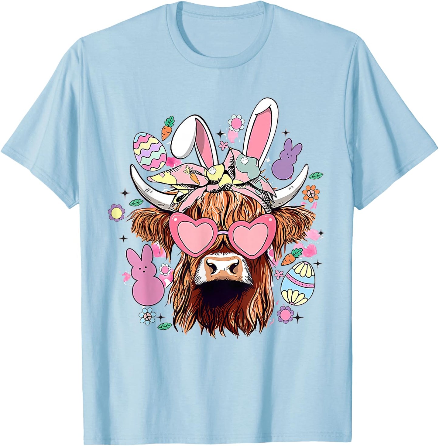 Happy Easter Highland Cow Heifer Easter Day Farmer Cowgirl T-Shirt - T-Shirt | Light Blue