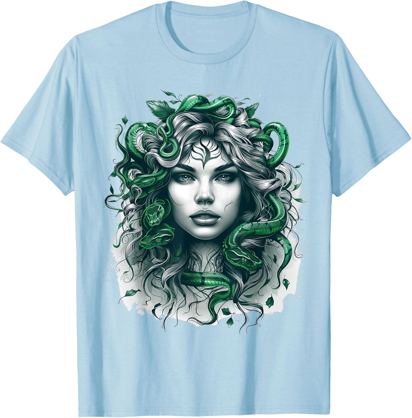 Ancient Greek Mythology Medusahead with Snake Hair Green T-Shirt - T-Shirt | Light Blue