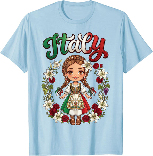 Cute Italy Girl Traditional Dress with Flowers for Kids T-Shirt - T-Shirt | Light Blue