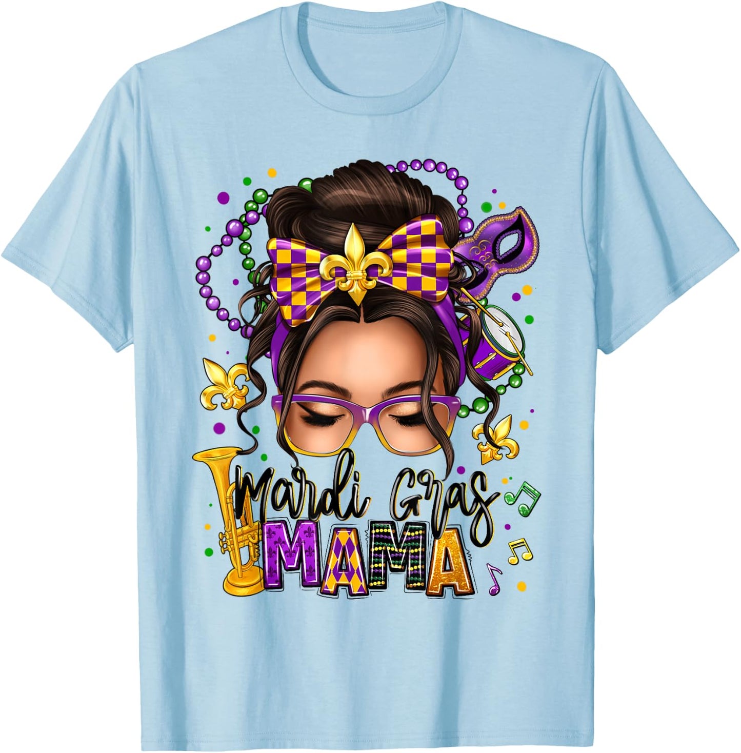 Mardi Gras Mama Messy Bun Women Mardi Gras Queen Carnaval T-Shirt - T-Shirt | Light Blue