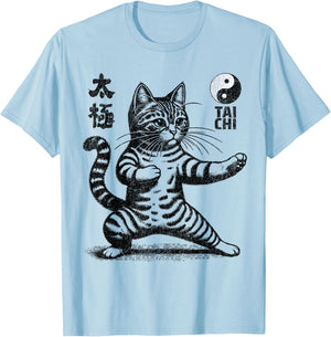 Funny Cat In Tai Chi Stance Martial Arts Yin Yang Balance , white, S T-Shirt - T-Shirt | Light Blue