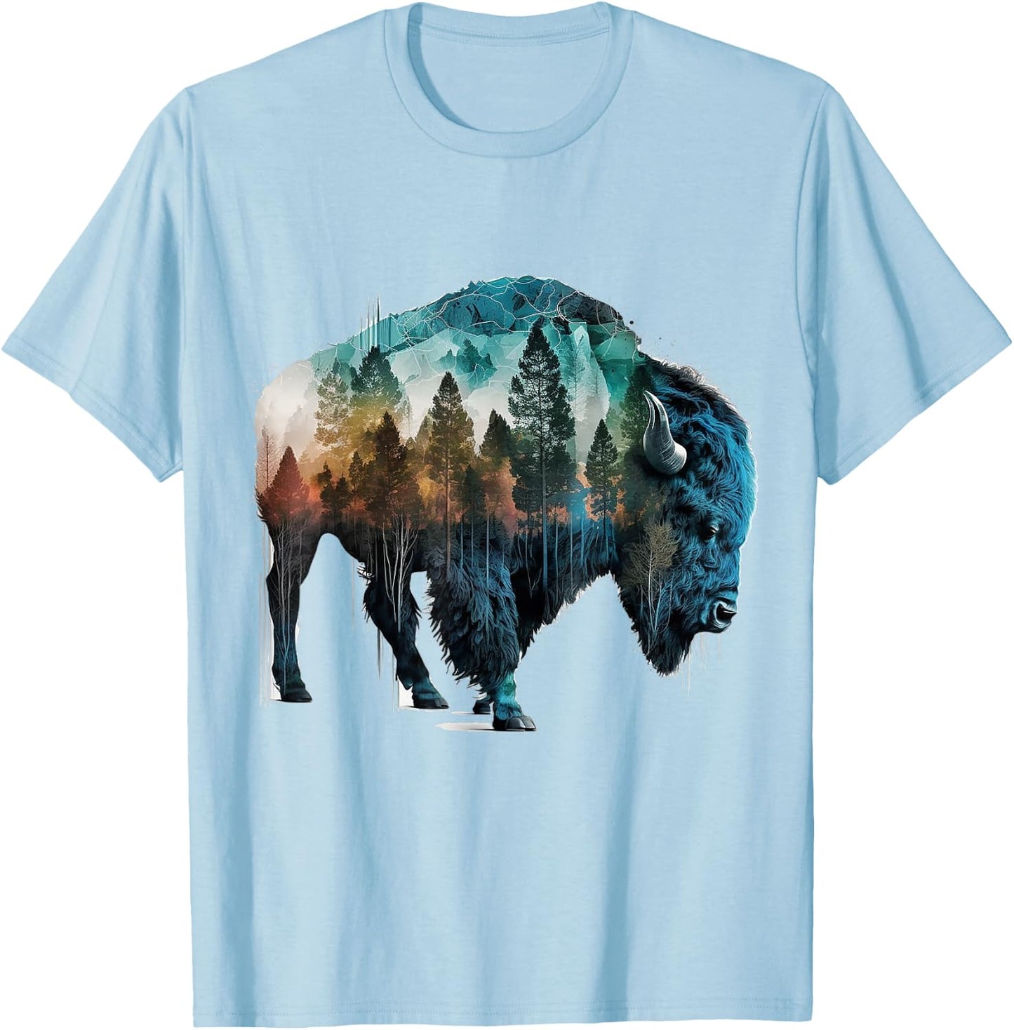 Bison Art Wild Animals Forest Mountains Nature Animal Motif Bison T-Shirt - T-Shirt | Light Blue