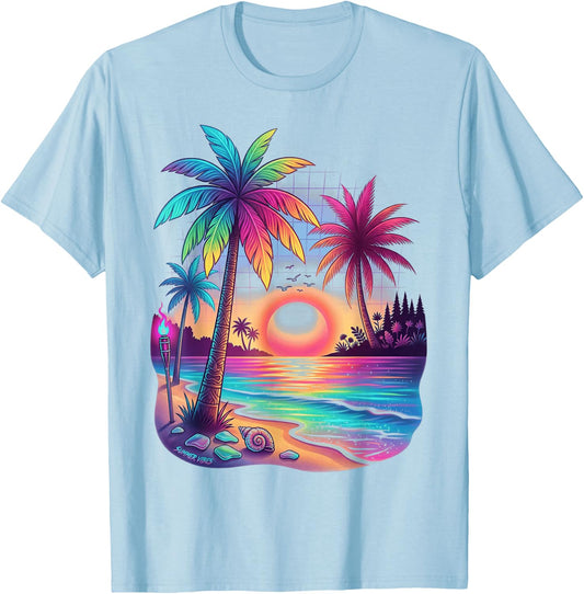 Colorful Beach Sunset Summer Vacation Retro Beach Vibes T-Shirt - T-Shirt | Light Blue