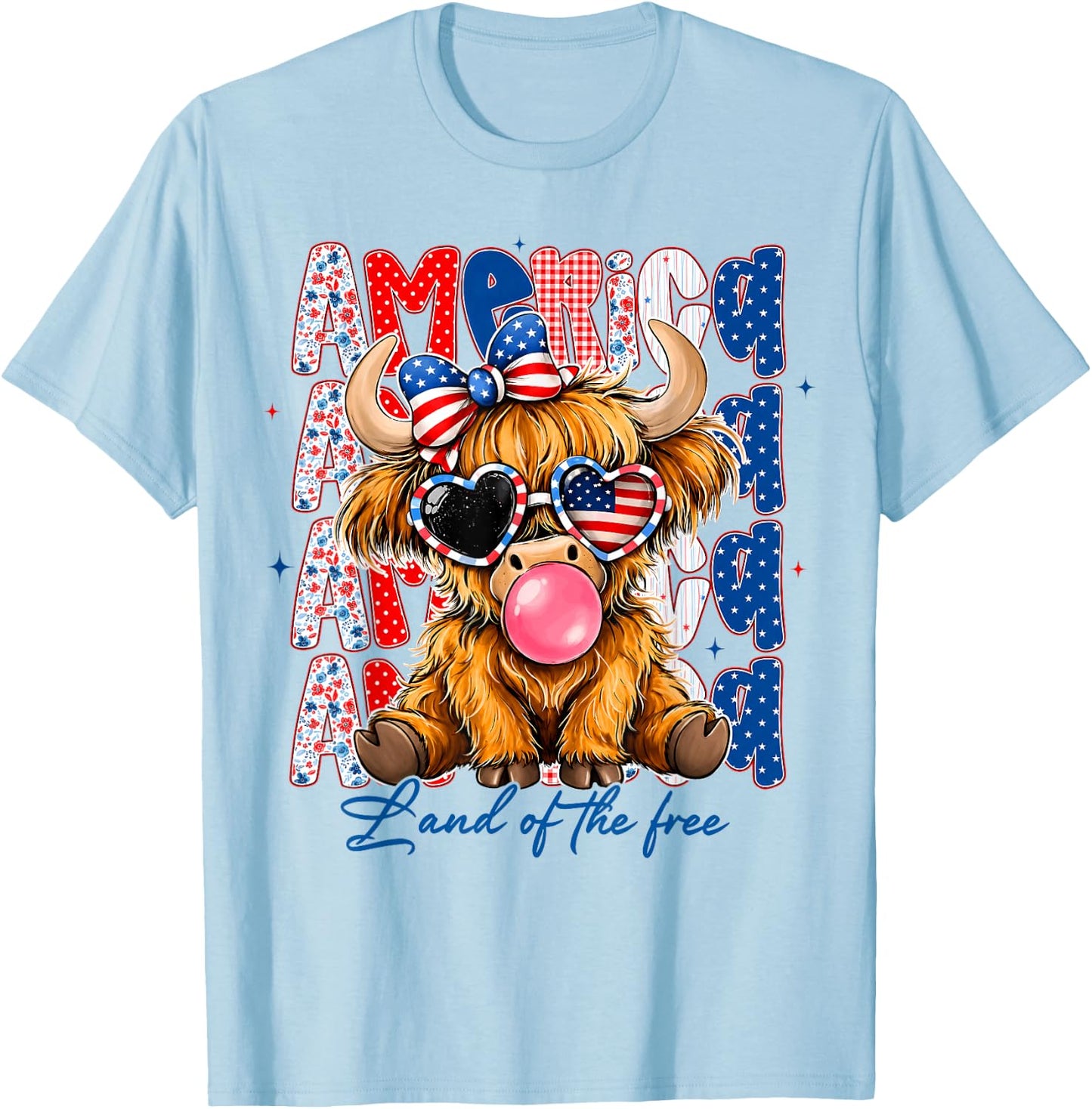 America 1776-2026 Land of The Free Highland Cow 4th of July T-Shirt - T-Shirt | Light Blue