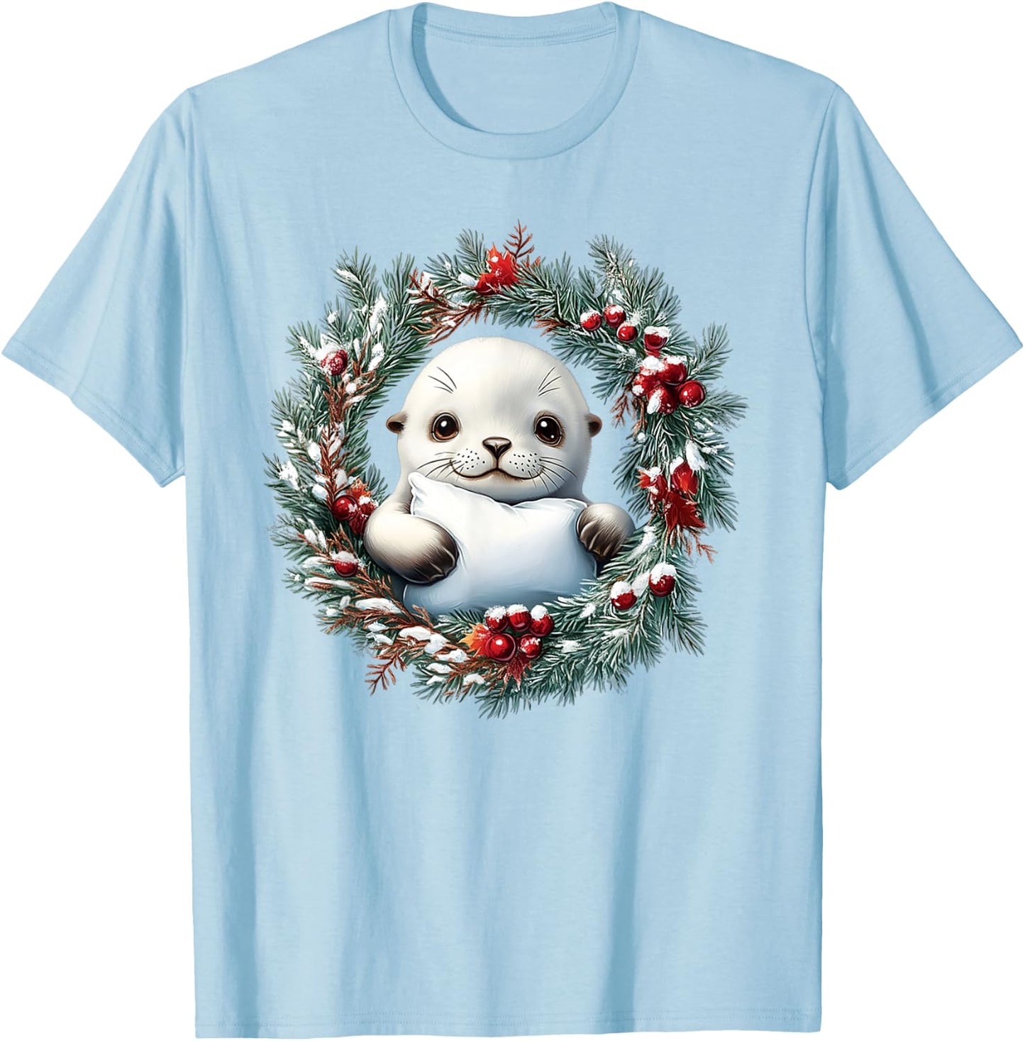 A Happy Baby Harp Seal In A Christmas Wreath With A Red Bow T-Shirt - T-Shirt | Light Blue