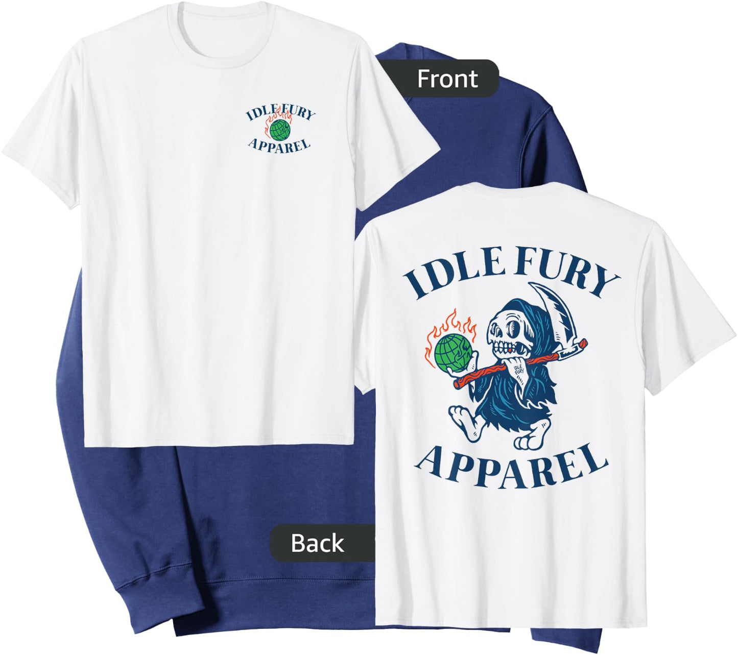 VIEW BACK PRINT Idle Fury Globe Reaper Skeleton Mascot Earth Sweatshirt - Sweatshirt | Navy