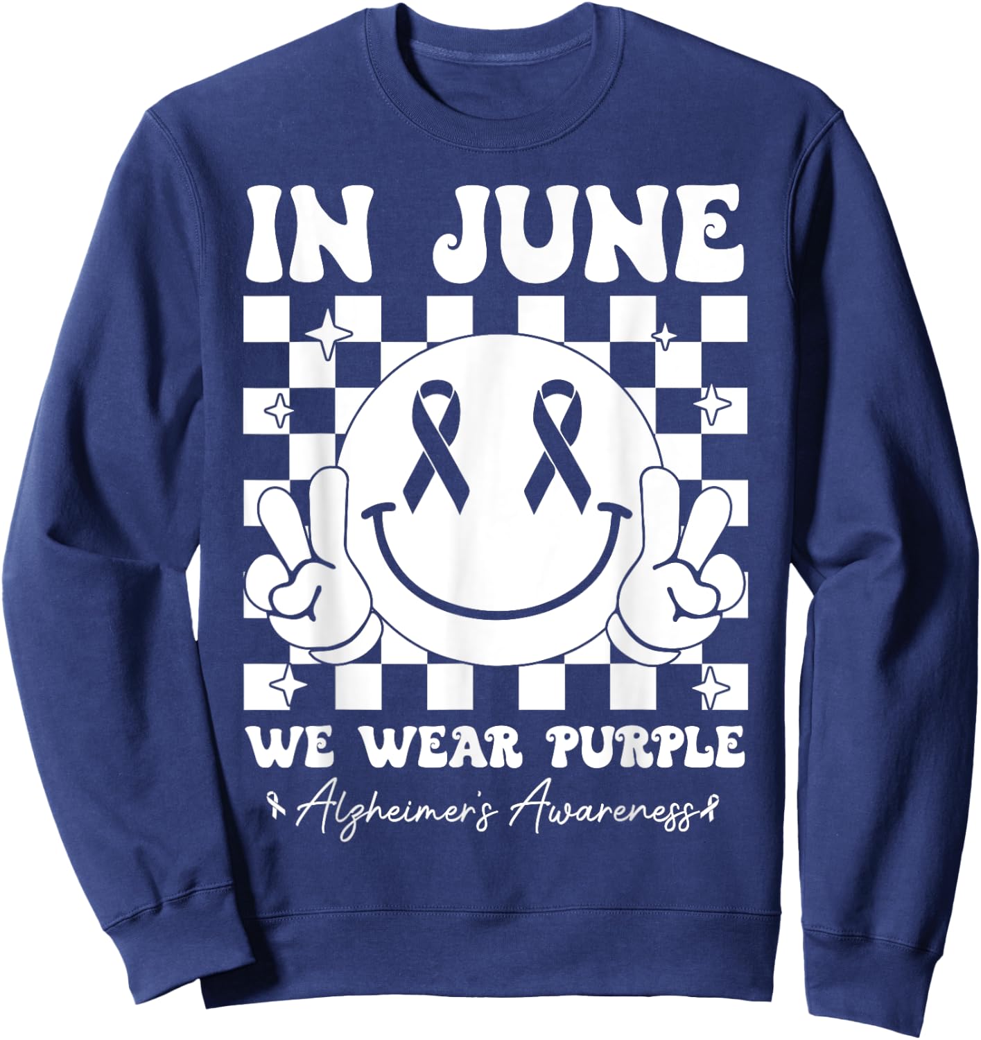 In June We Wear Purple Alzheimer's Awareness Groovy Smile Sweatshirt - Sweatshirt | Navy
