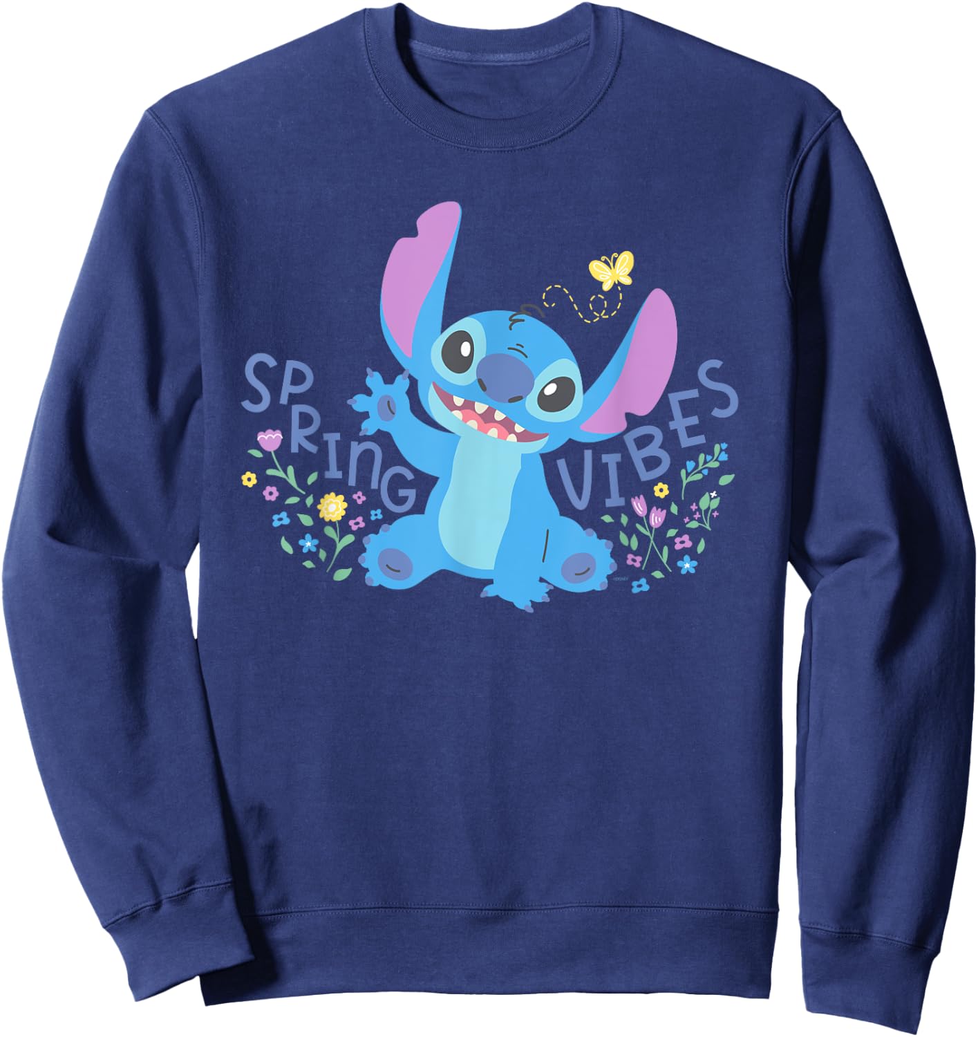 Disney Stitch with Flowers & Butterfly Easter Spring Vibes Sweatshirt - Sweatshirt | Navy