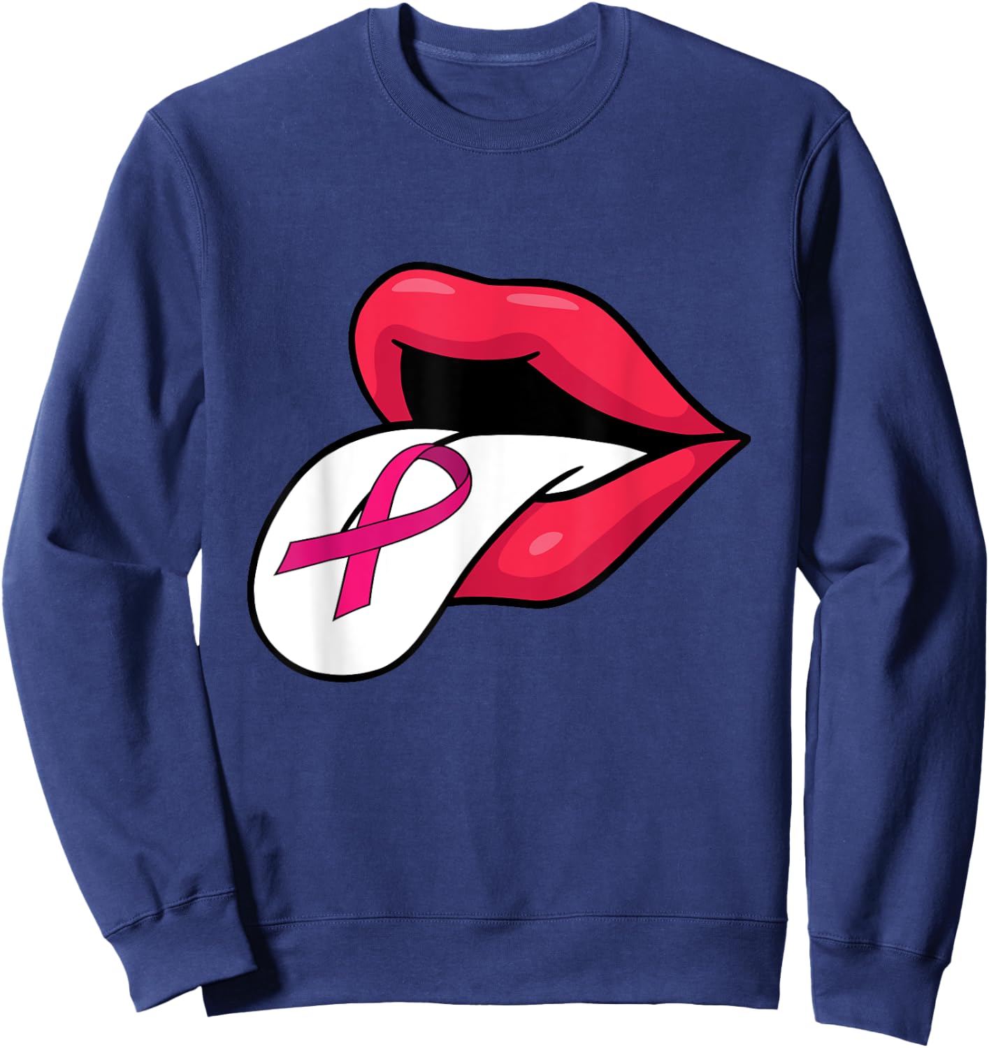 Pink Ribbon Tongue Out Breast Cancer Awareness Funny Lips Sweatshirt - Sweatshirt | Navy