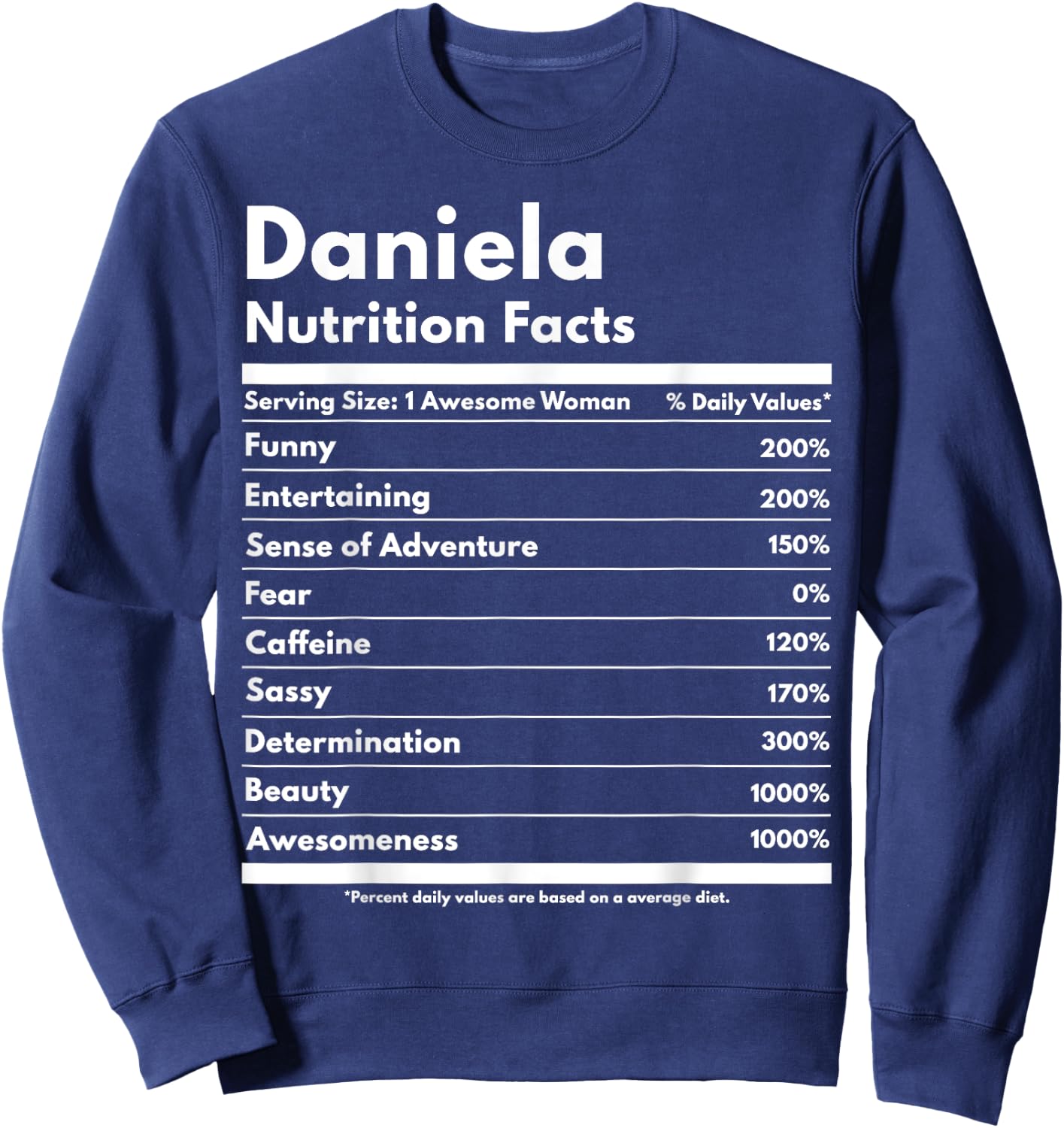 That's My Name Co. Daniela Daniela Nutrition Facts Funny Personalized Name Daniela Black Cotton Polyester Modern Letter Print Short Sleeve Classic Fit Pull On Sweatshirt - Sweatshirt | Navy