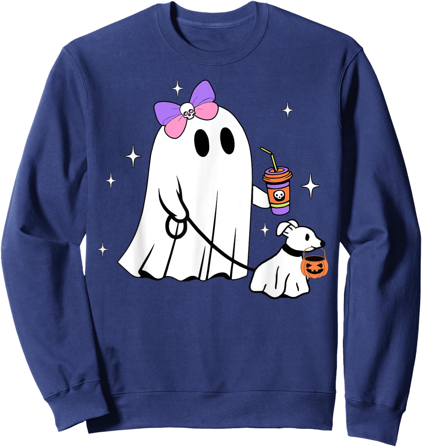 Halloween Cute Ghost Walking Dog Spooky Coquette Ghost Women Sweatshirt - Sweatshirt | Navy